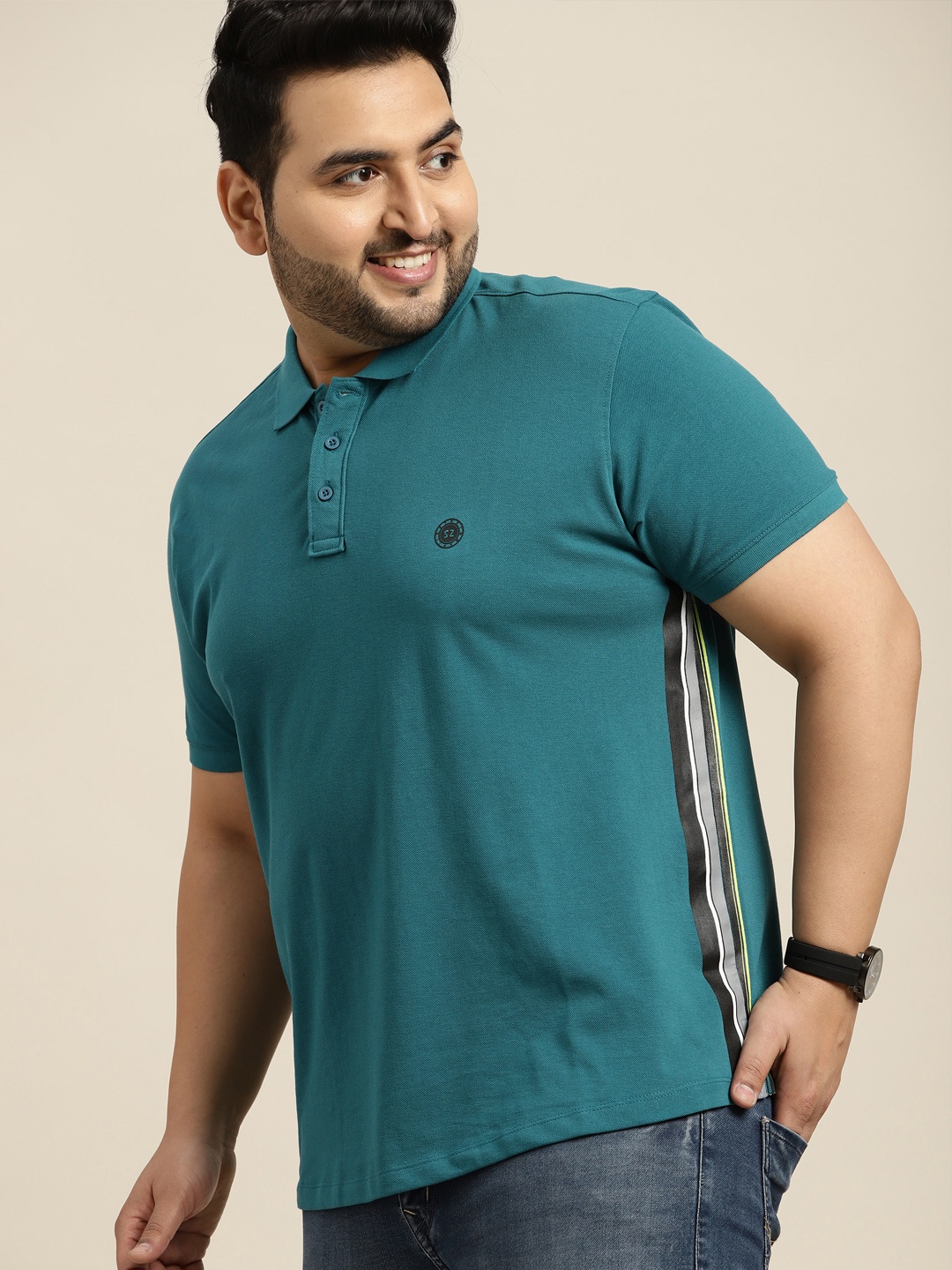 

Sztori Men Plus Size Teal Blue Solid Polo Collar Side Tape Detail T-shirt