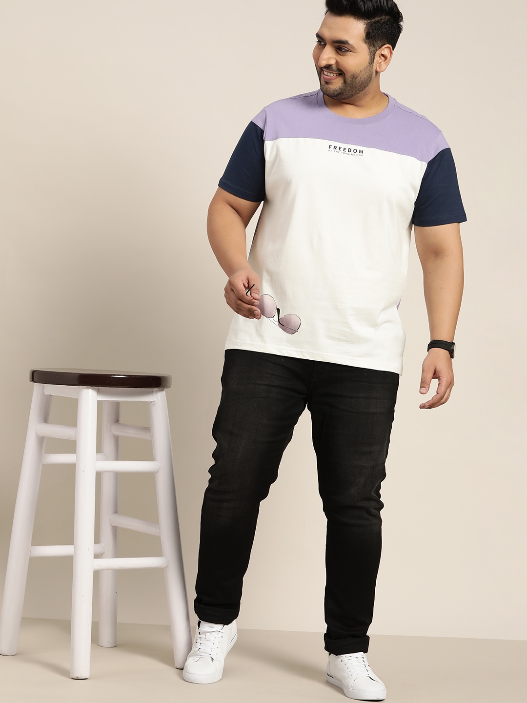 

Sztori Plus Size Men White & Lavender Colourblocked Pure Cotton T-shirt