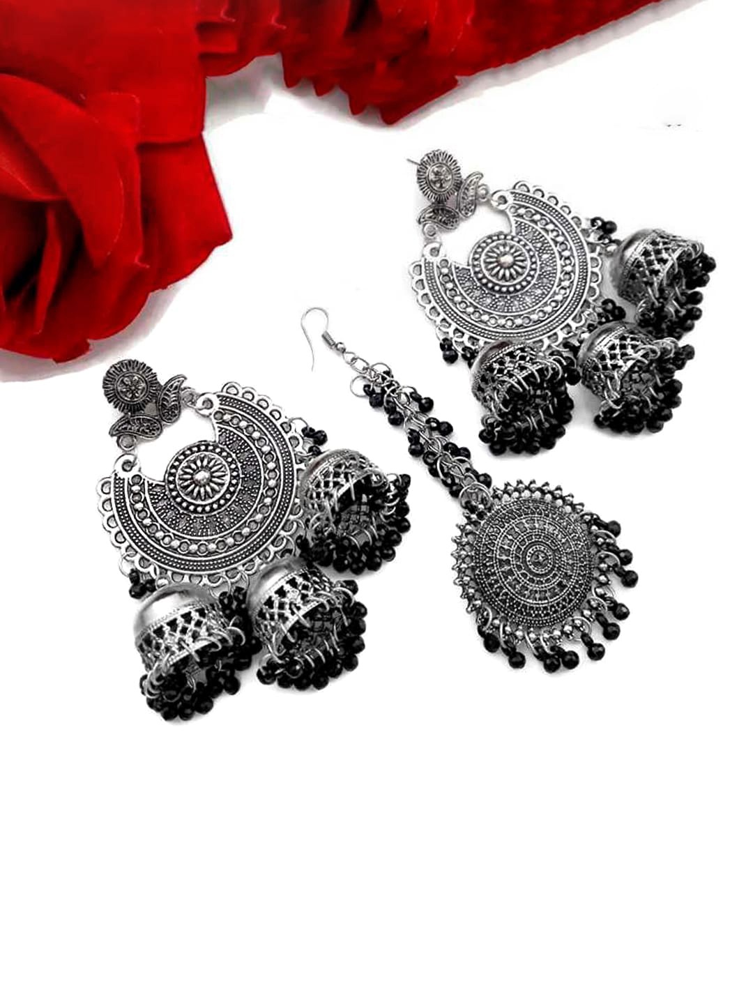 

Yellow Chimes Black & Silver-Toned Classic Drop Earrings With Maang Tikka