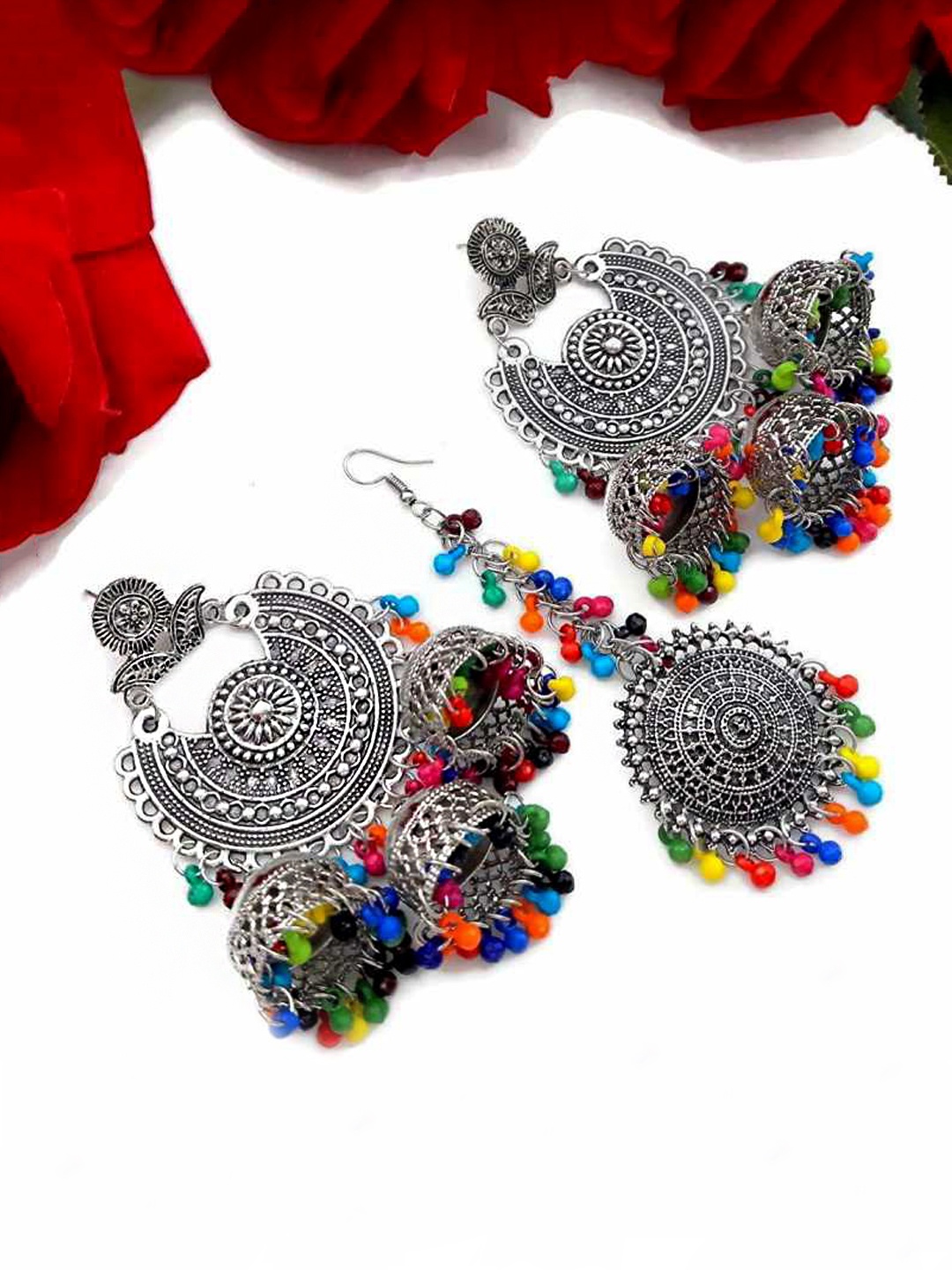 

Yellow Chimes Woman Silver Oxidised Multicolor Maang Tikka with Jhumka Earrings