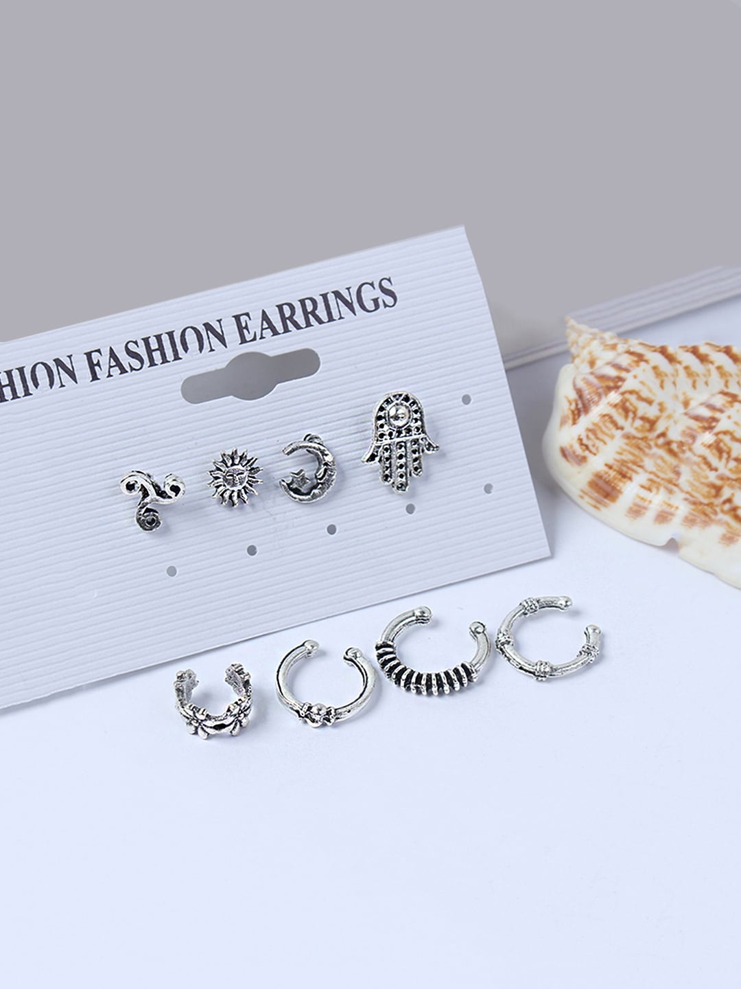 

Yellow Chimes Set Of 8 Silver-Plated Oxidised Antique Bohemian Stud Earrings