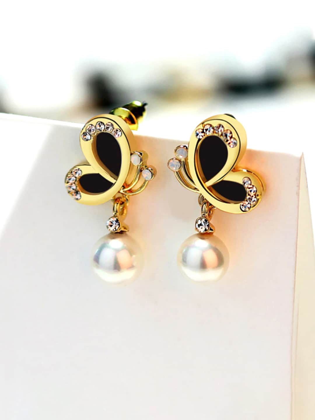 

Yellow Chimes Gold-Plated Black Butterfly Pearl Crystal Drop Earrings