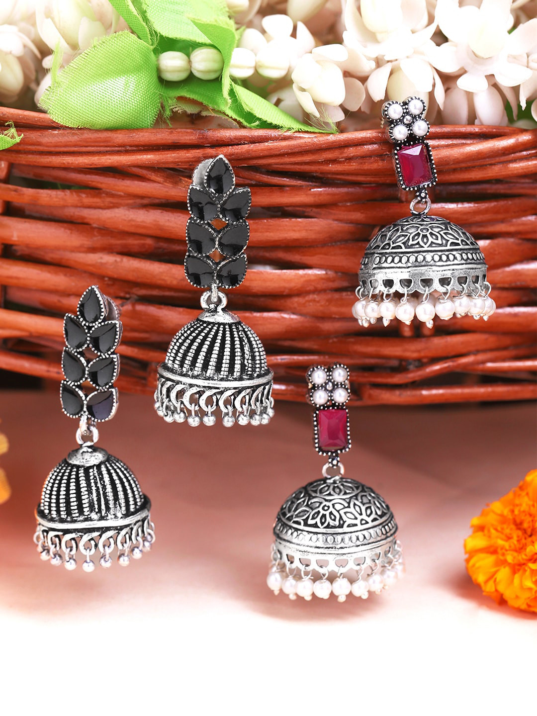 

Yellow Chimes Set of 2 Silver Oxidised Classic Jhumkas Earrings