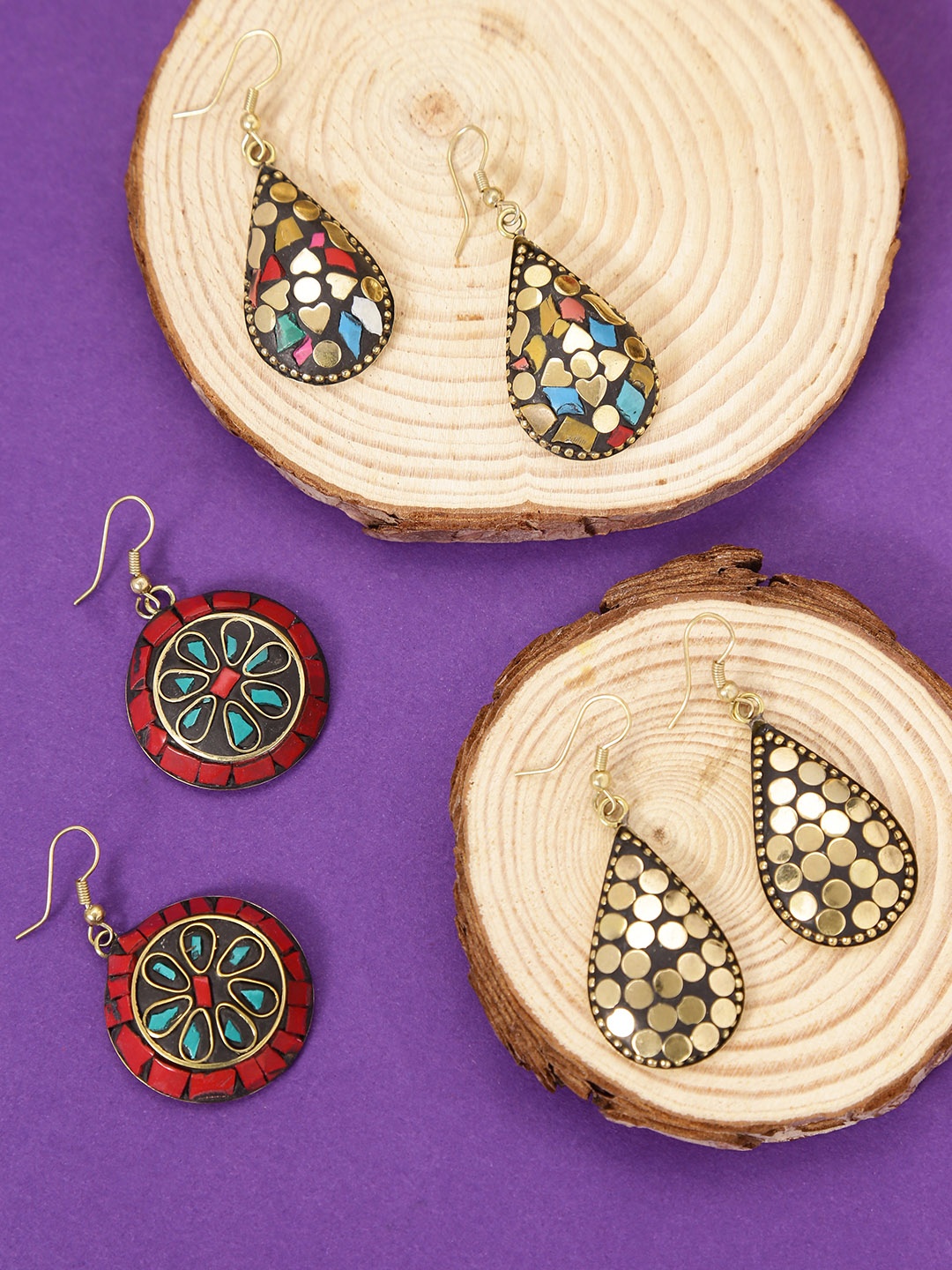 

Yellow Chimes Set Of 3 Gold-Toned & Blue Teardrop Shaped Drop Earrings