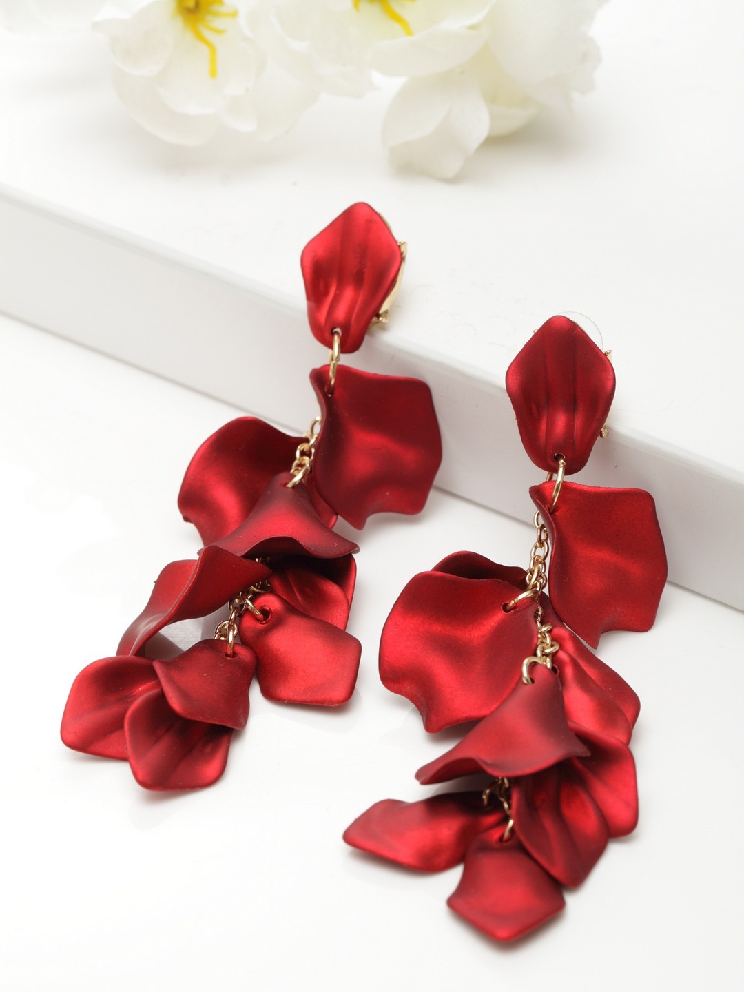 

Yellow Chimes Gold Plated Red Colour Floral Petal designed Danglers Earrings