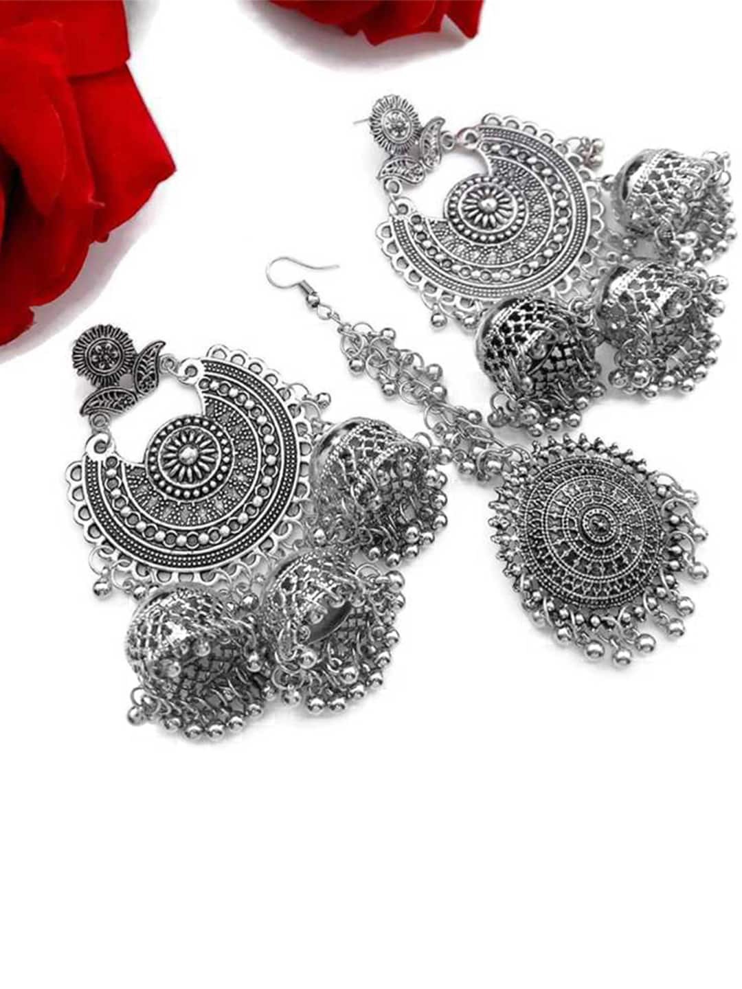 

Yellow Chimes Silver-Toned Classic Chandbalis Earrings and Maang tikka set