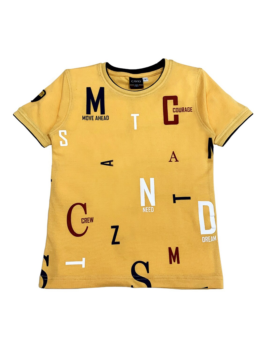 

CAVIO Boys Yellow Typography Printed Applique T-shirt