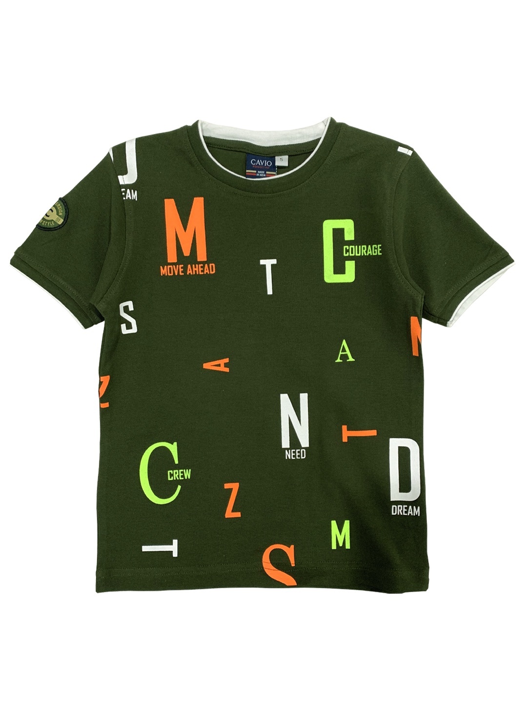 

CAVIO Boys Olive Green & Yellow Typography Printed Cotton Blend T-shirt