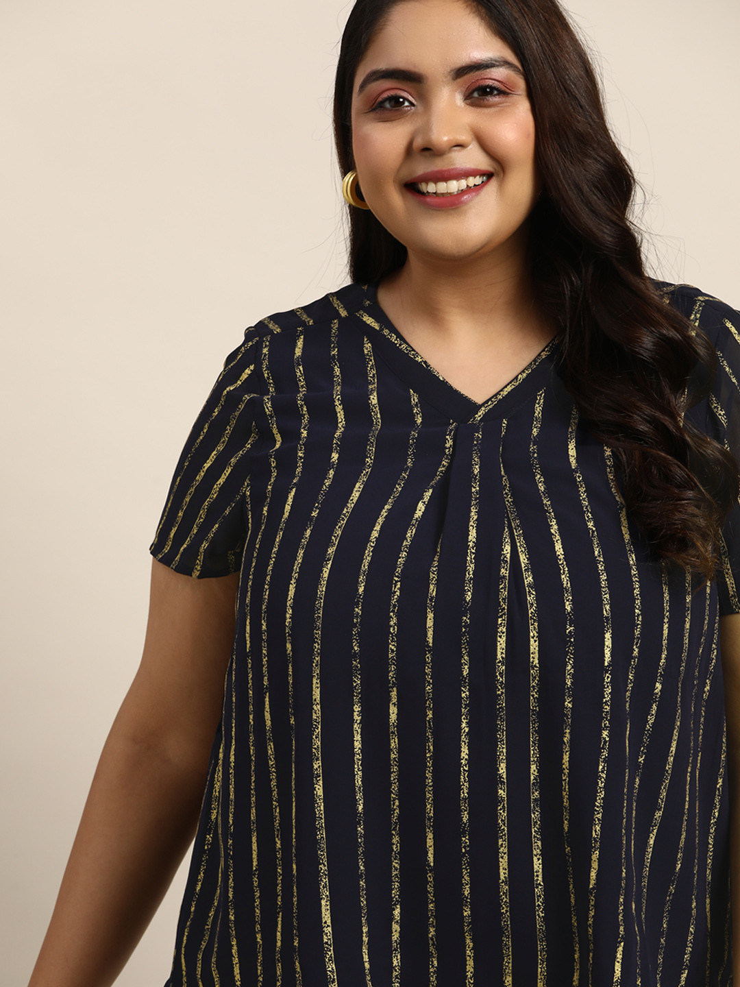 

Sztori Women Plus Size Navy Blue & Golden Striped Layered Top with Front Pleat