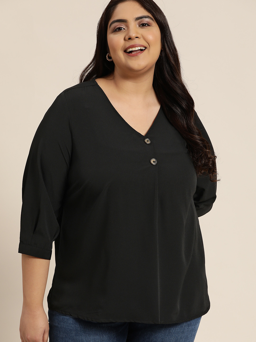 

Sztori Women Plus Size Black Solid Top