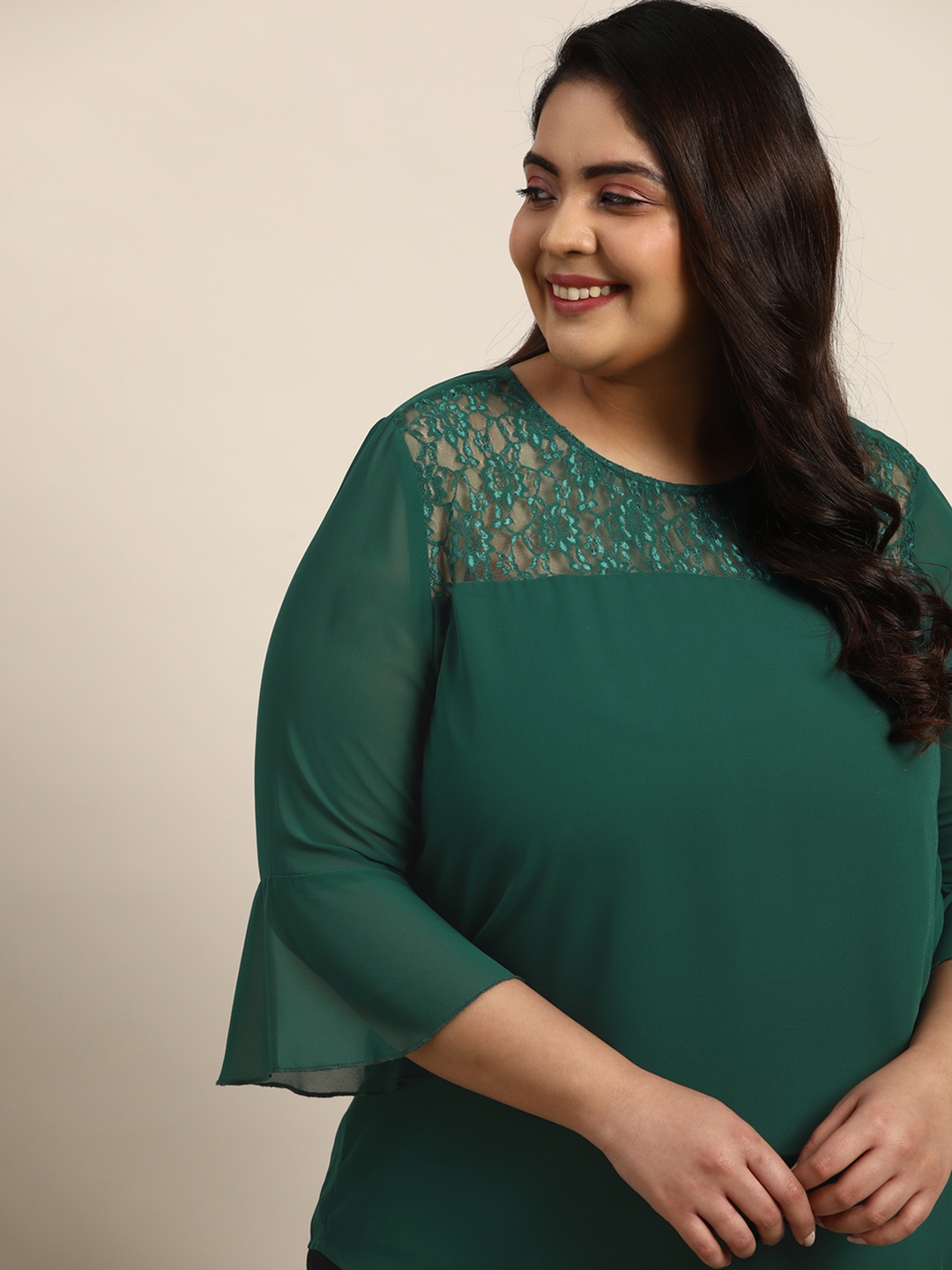 

Sztori Women Plus Size Green Lace Yoke Top