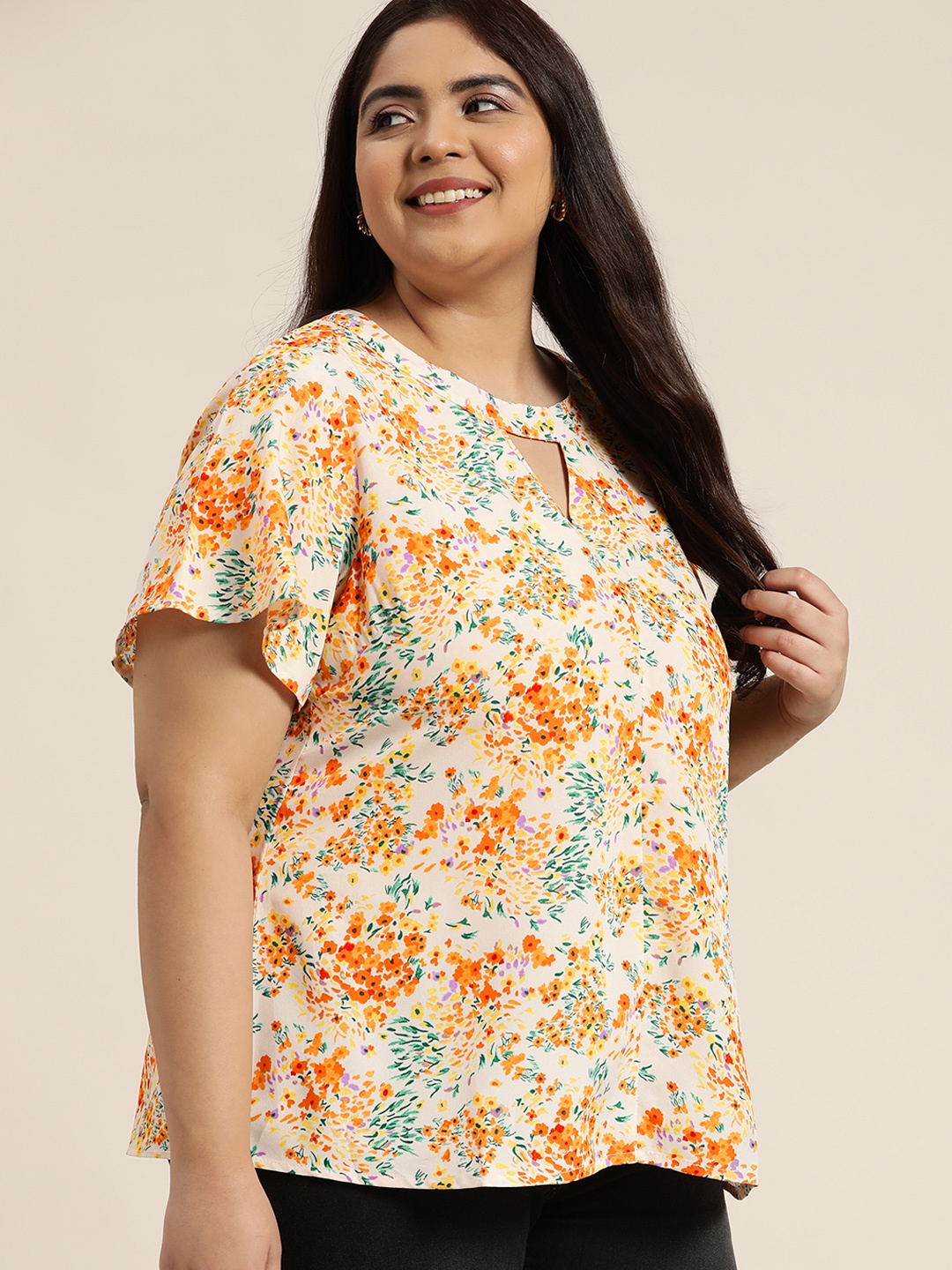 

Sztori Women Plus Size Cream-Coloured & Orange Floral Print Keyhole Neck Top