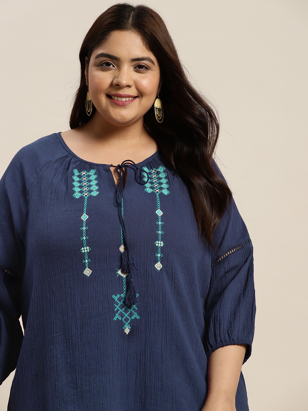 

Sztori Plus Size Pure Cotton Embroidered Tie-Up Neck Top, Navy blue