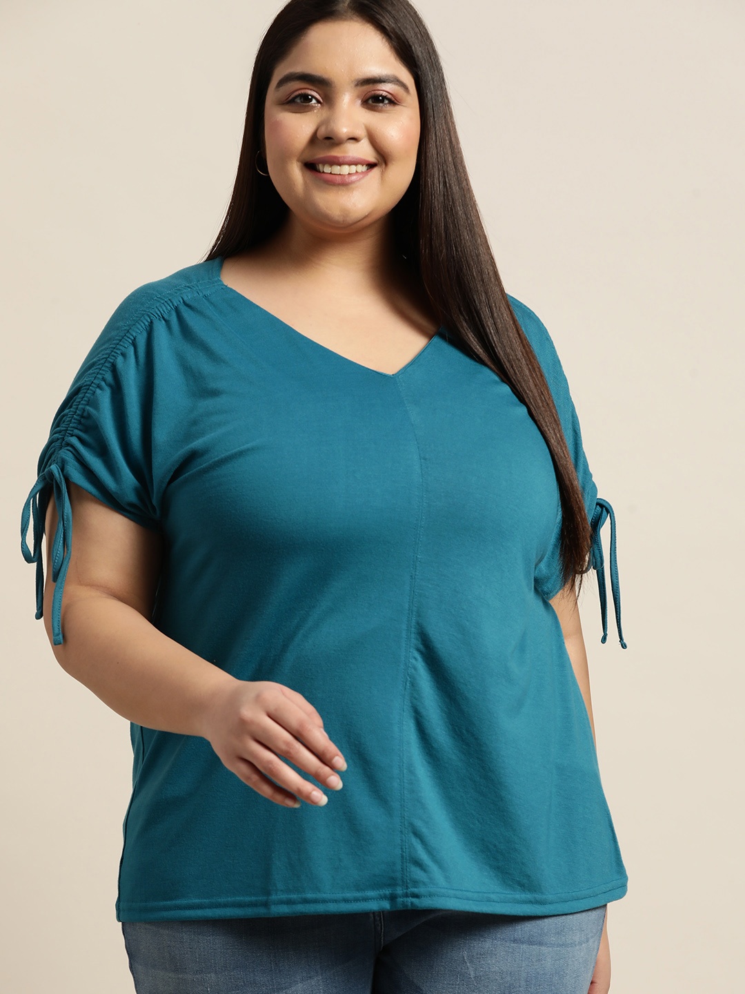 

Sztori Plus Size Teal Blue Solid Extended Sleeves Top
