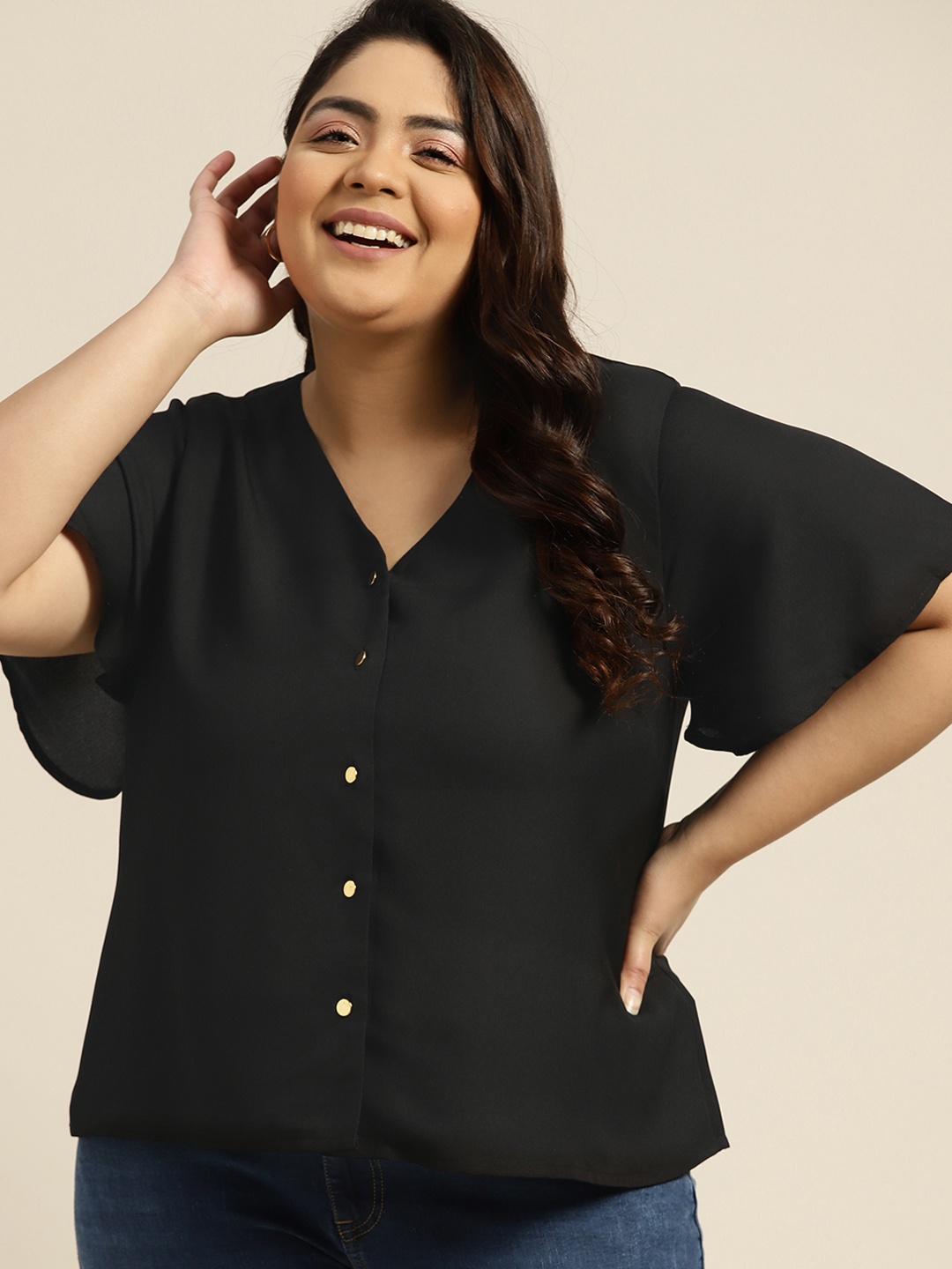 

Sztori Women Plus Size Black Solid Regular Top