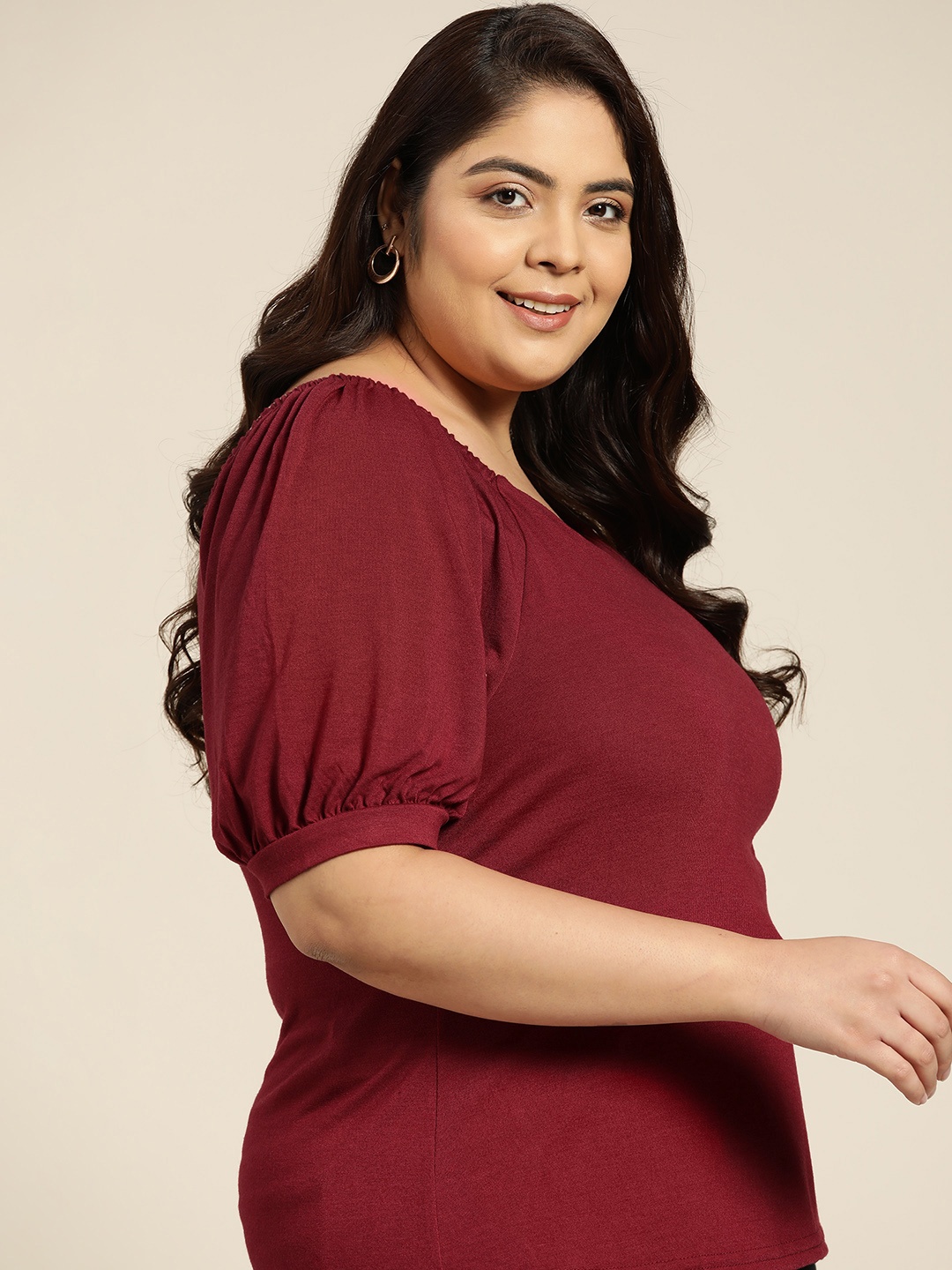 

Sztori Women Plus Size Maroon Sweetheart Neck Top