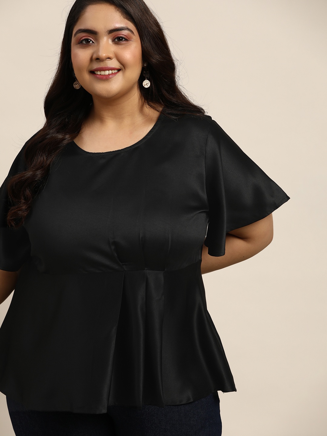 

Sztori Women Plus Size Black Pleated A-Line Top