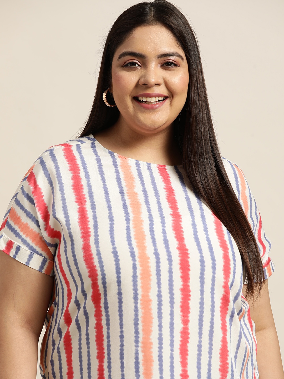 

Sztori Women Plus Size Off White & Red Striped Extended Sleeves Top
