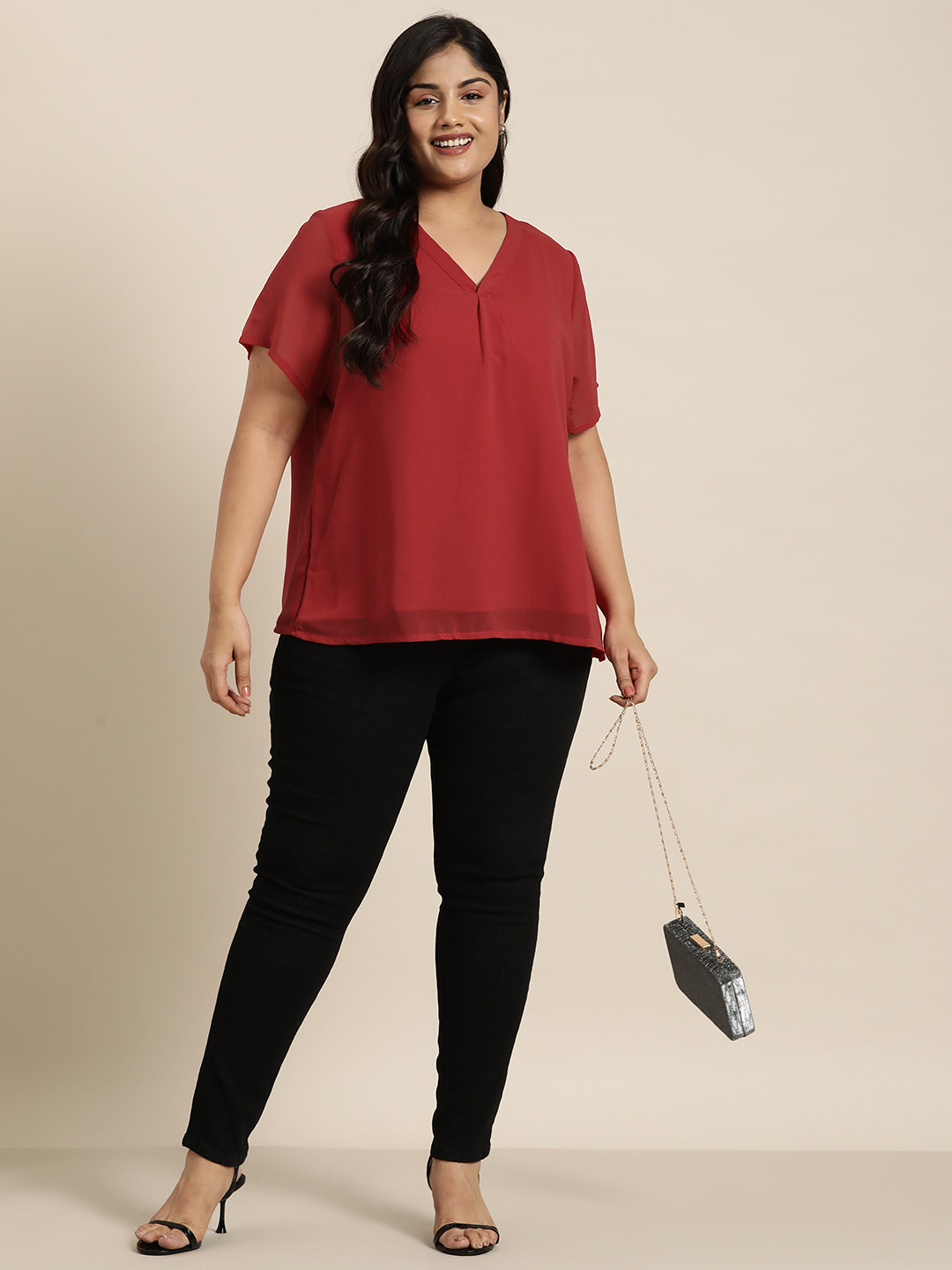 

Sztori Plus Size V-Neck Front Pleated Top, Red