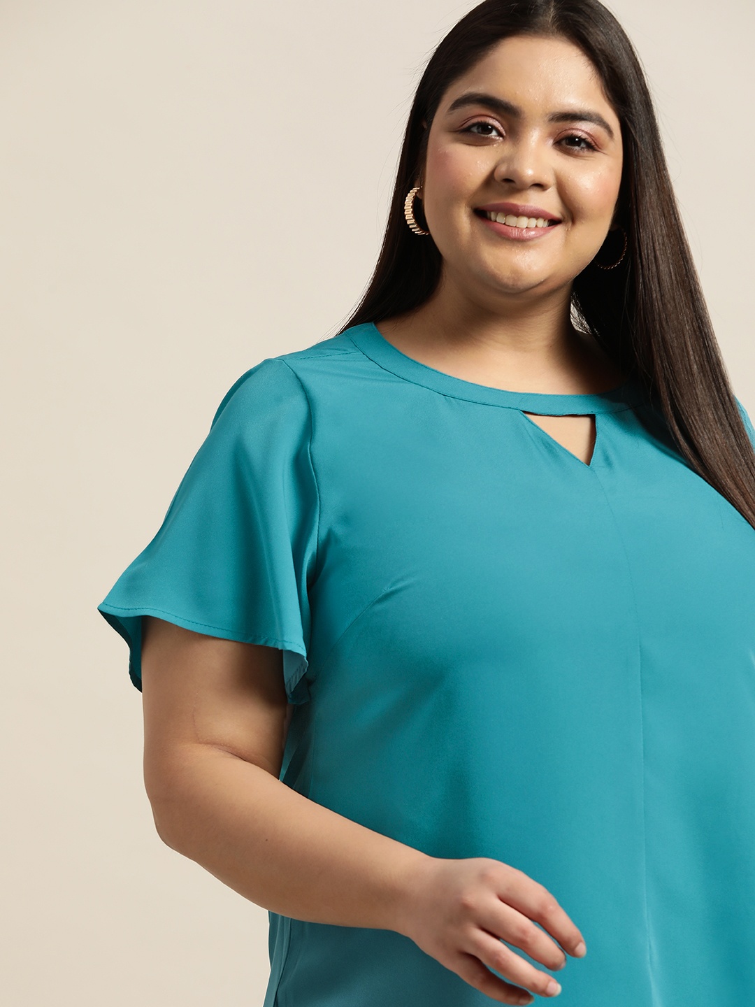 

Sztori Women Plus Size Teal Blue Keyhole Neck Top