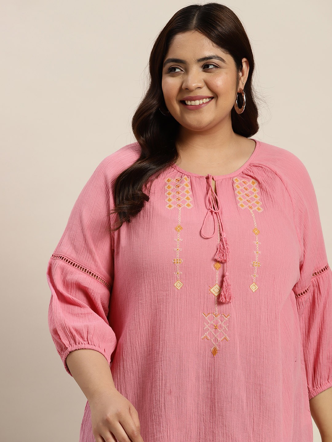 

Sztori Plus Size Pure Cotton Embroidered Tie-Up Neck Top, Pink