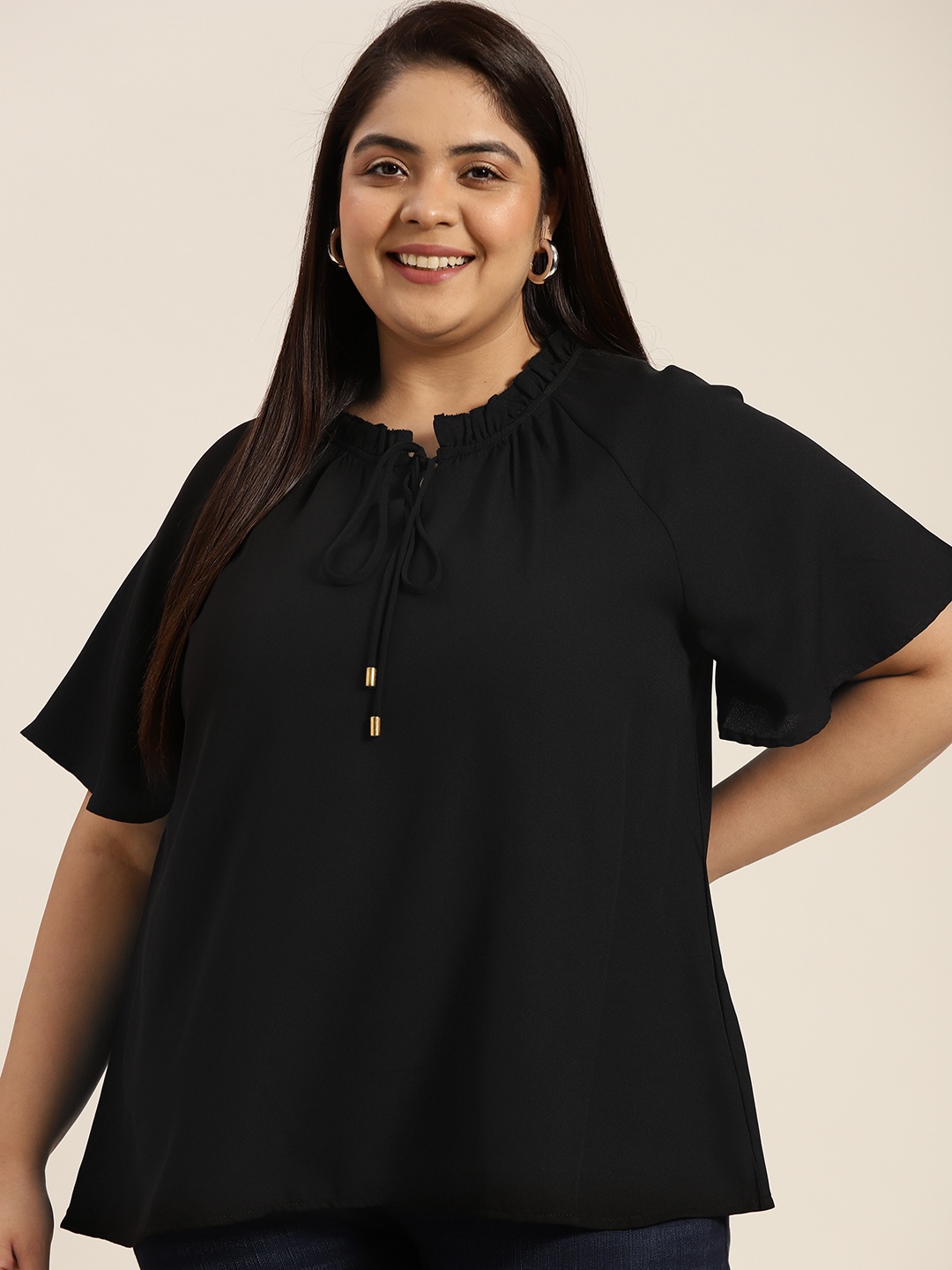 

Sztori Women Plus Size Black Tie-Up Neck Ruffles Detail A-Line Top