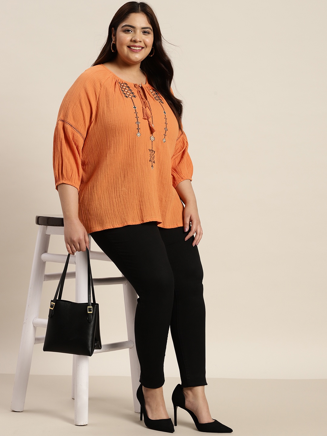 

Sztori Plus Size Pure Cotton Embroidered Tie-Up Neck Top, Orange