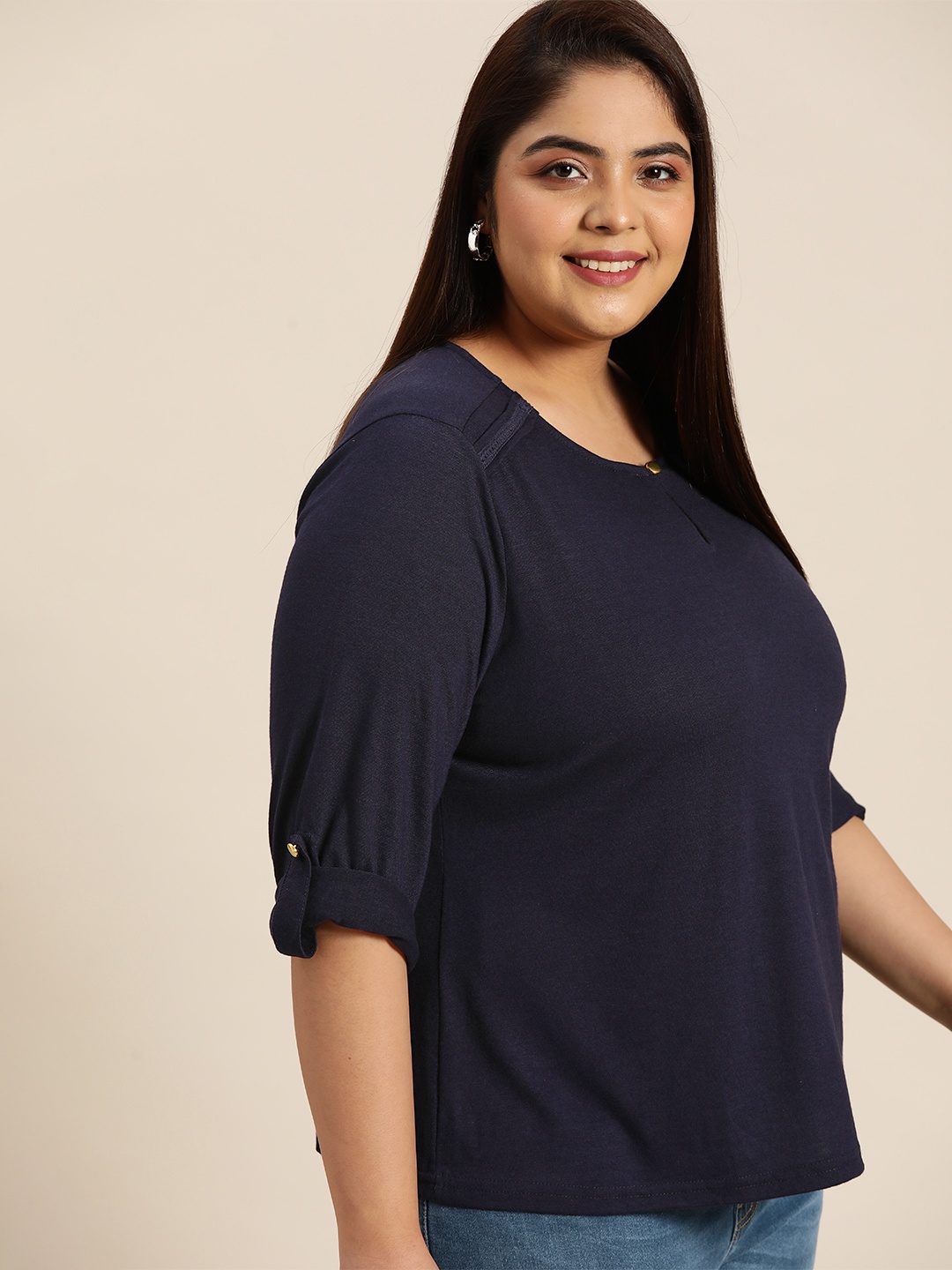 

Sztori Plus Size Navy Blue Solid Top