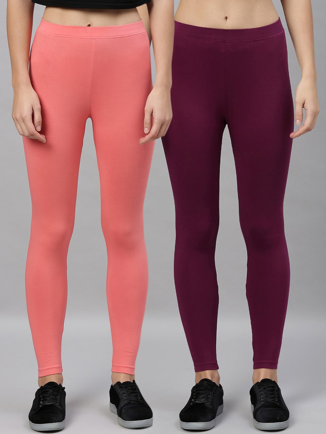 

Kryptic Women Coral & Burgundy Pack Of 2 Solid Cotton Leggings