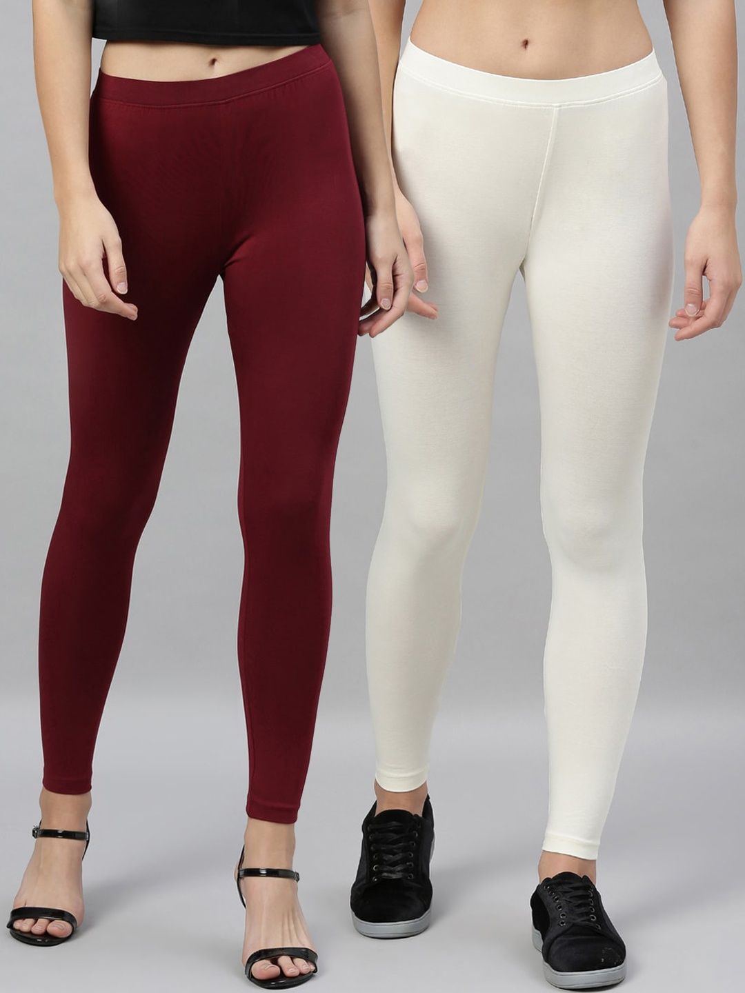 

Kryptic Women Maroon & Cream Pack of 2 Solid Ankle Length Leggings