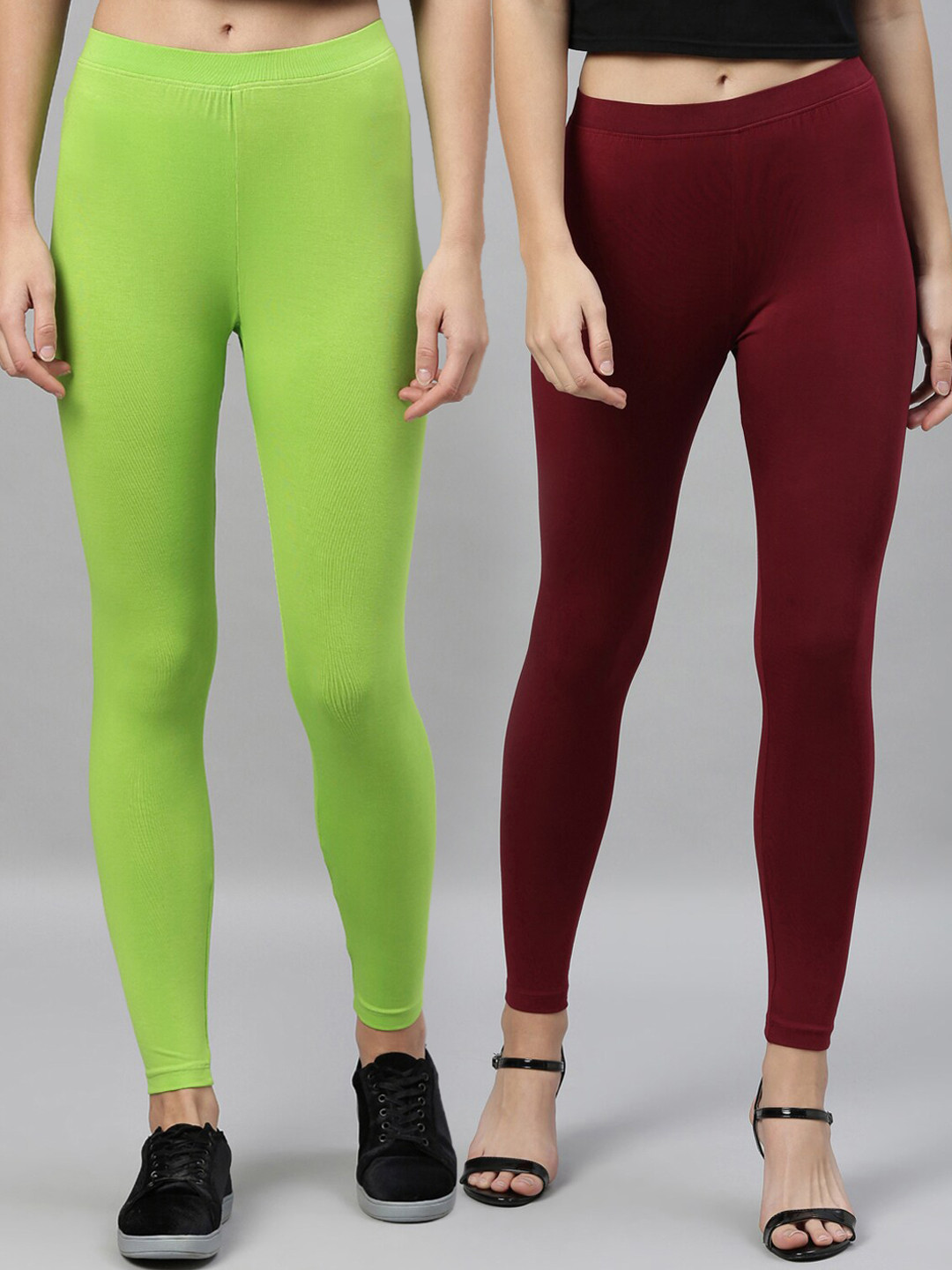 

Kryptic Women Maroon & Green Pack of 2 Cotton Stretch Solid Ankle Length Legging
