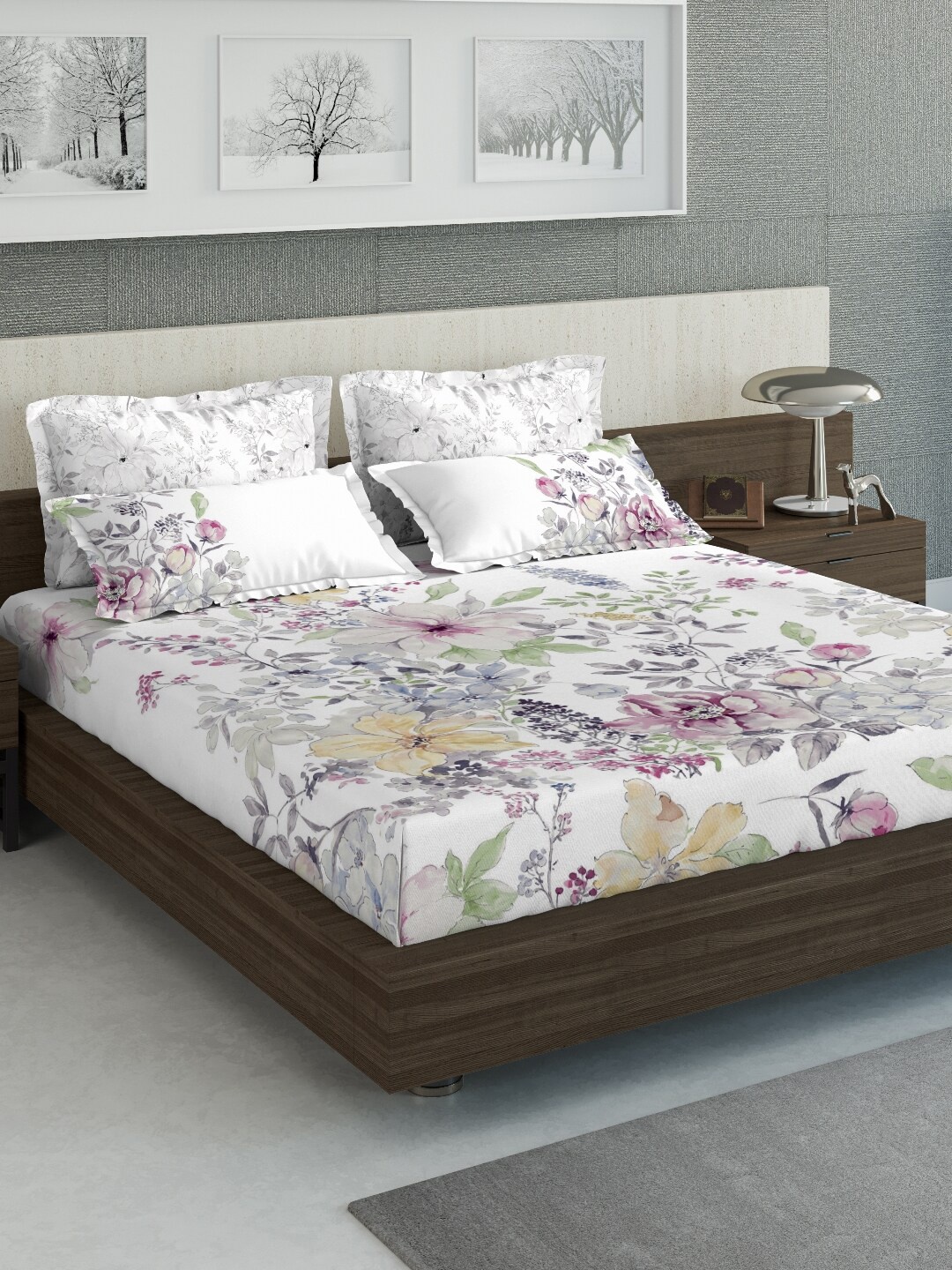 

DDecor White & Brown Floral Printed Cotton 140 TC Queen Bedsheet with 2 Pillow Covers