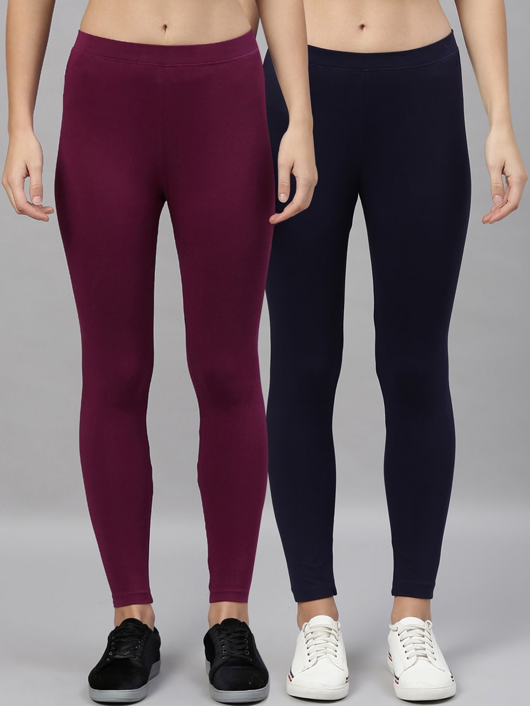 

Kryptic Women navy Blue & Burgundy Pack Of 2 Solid Cotton Leggings