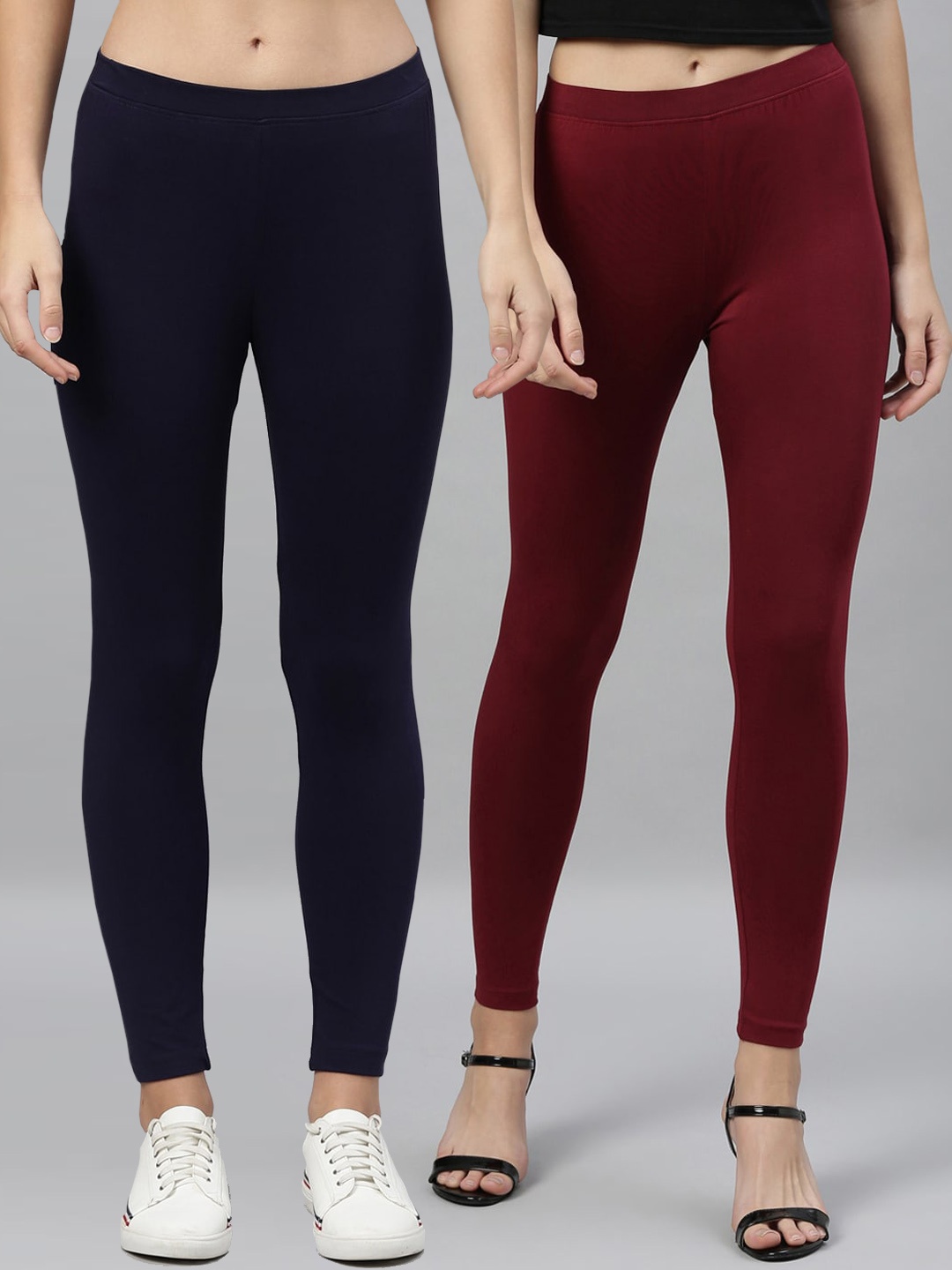 

Kryptic Women Navy Blue & Maroon Pack Of 2 Solid Cotton Leggings