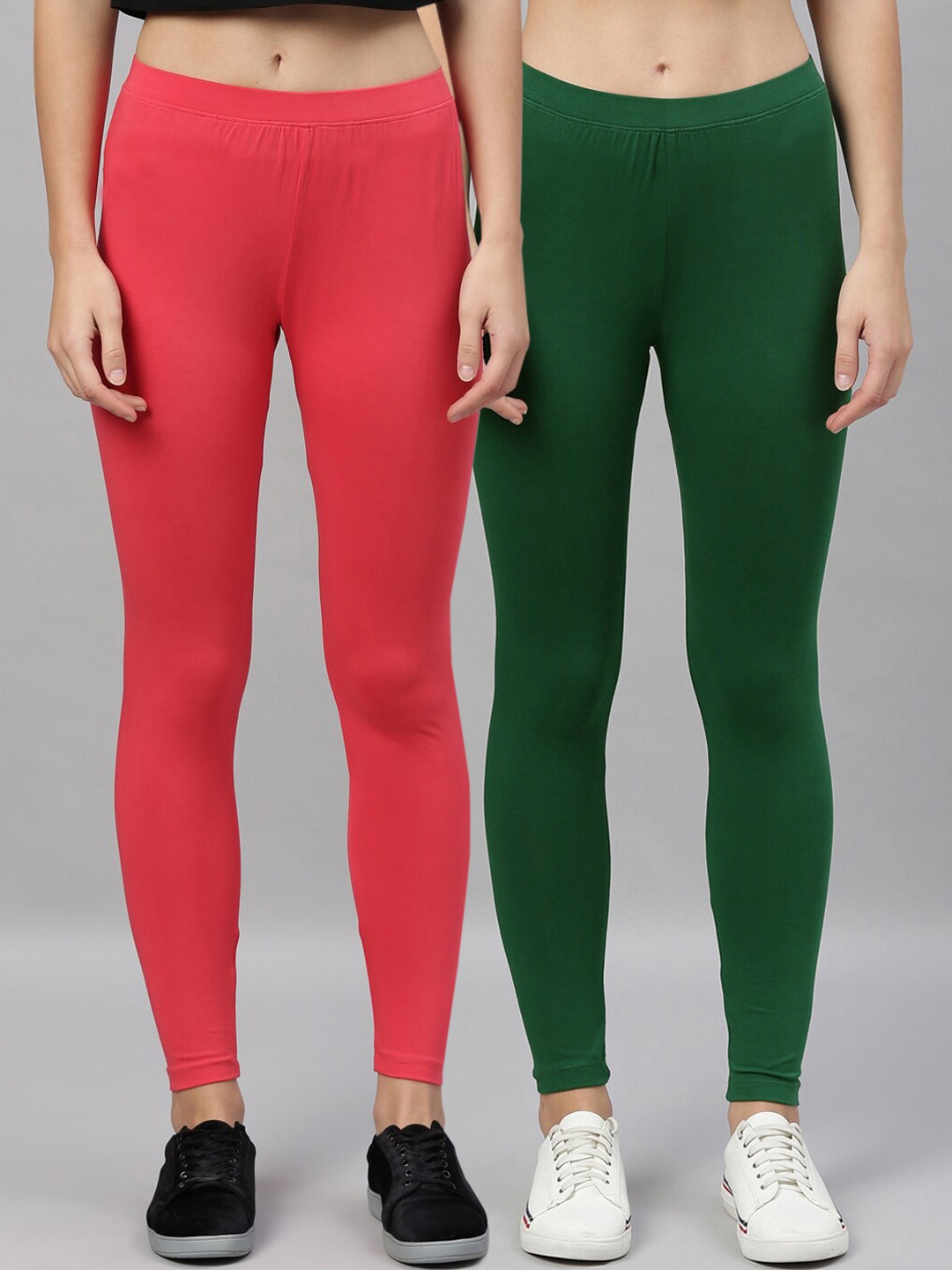 

Kryptic Women Green & Coral Pack of 2 Cotton Stretch Solid Ankle Length Legging
