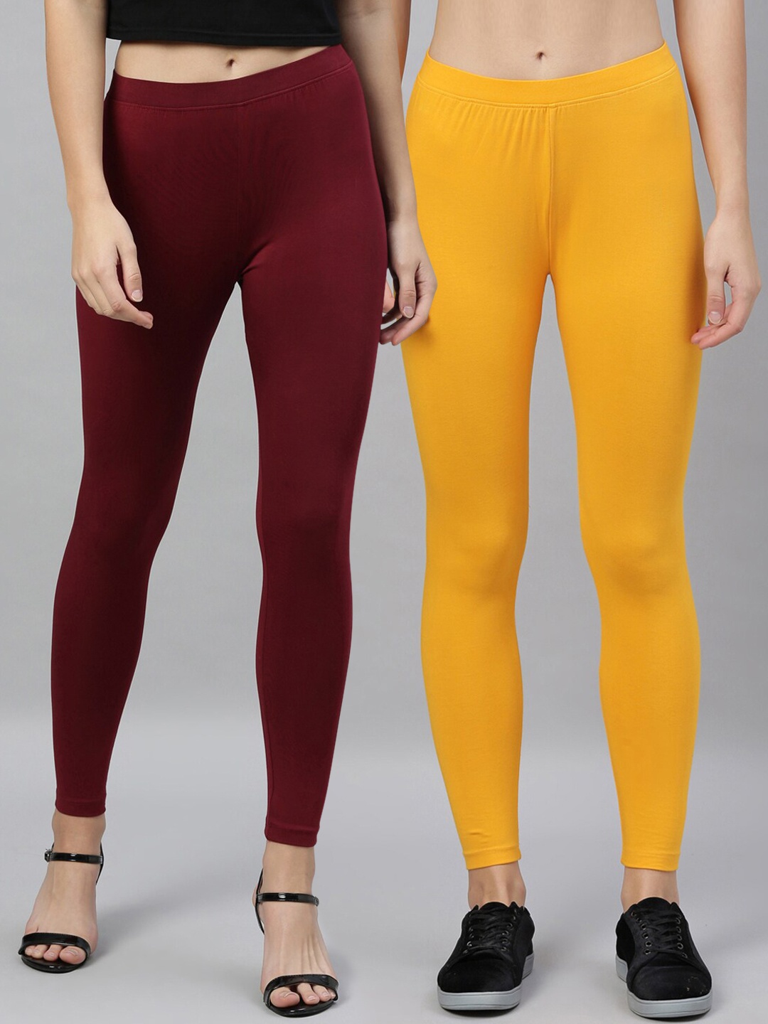 

Kryptic Women Yellow & Maroon Pack of 2 Cotton Stretch Solid Ankle Length Legging