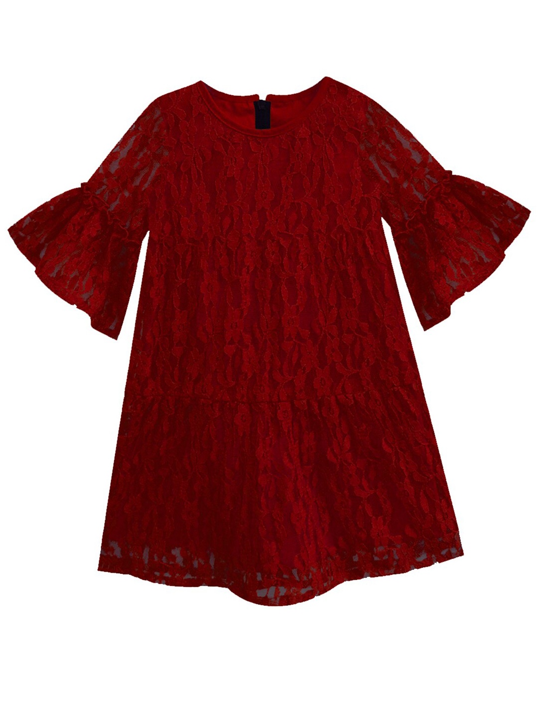 

A.T.U.N. Girls Maroon Self Design Round Neck A-Line Dress
