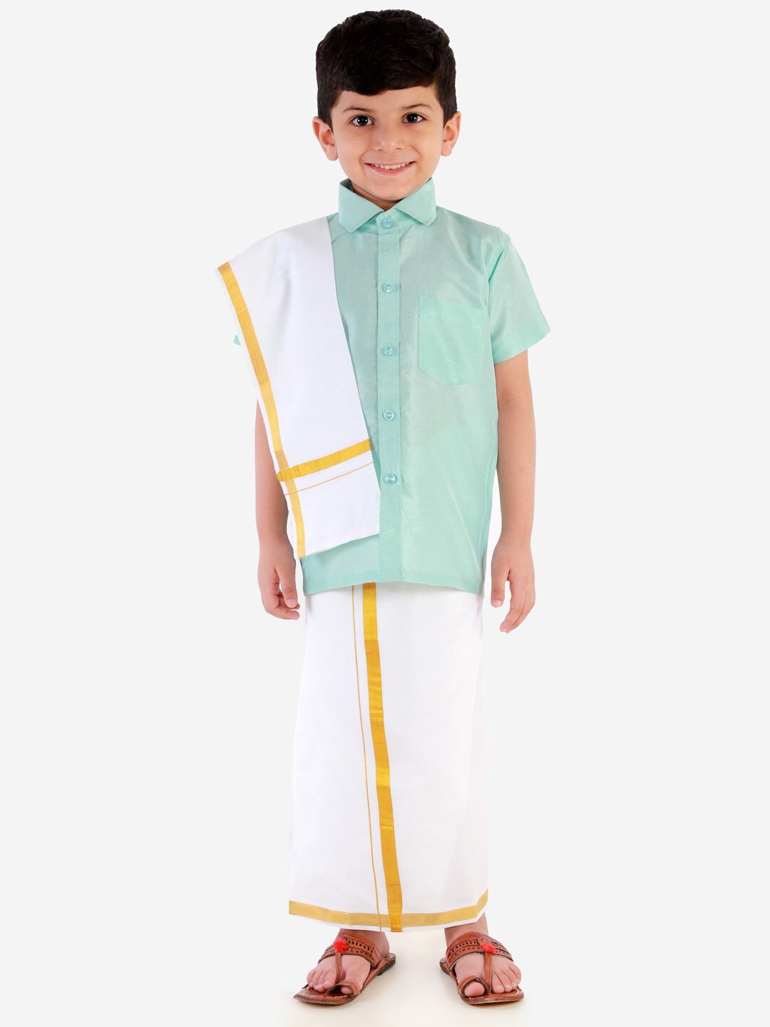 

JBN Creation Boys Blue & White Shirt with Mundu & Dupatta