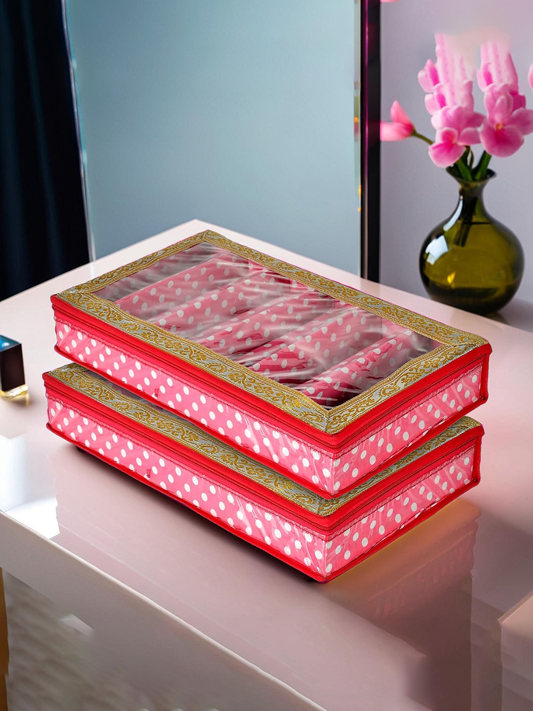 

Kuber Industries Set Of 2 Pink & White Printed Laminated Bangle Organizers