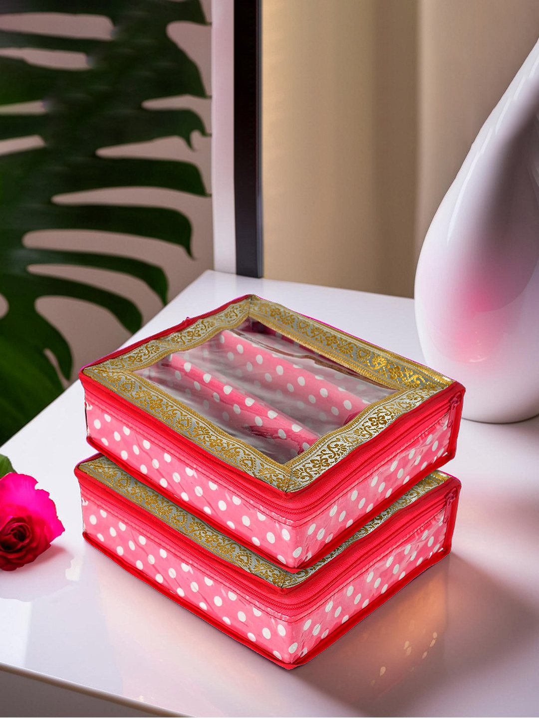 

Kuber Industries Set Of 2 Pink & Gold-Coloured Printed Bangle Organizers