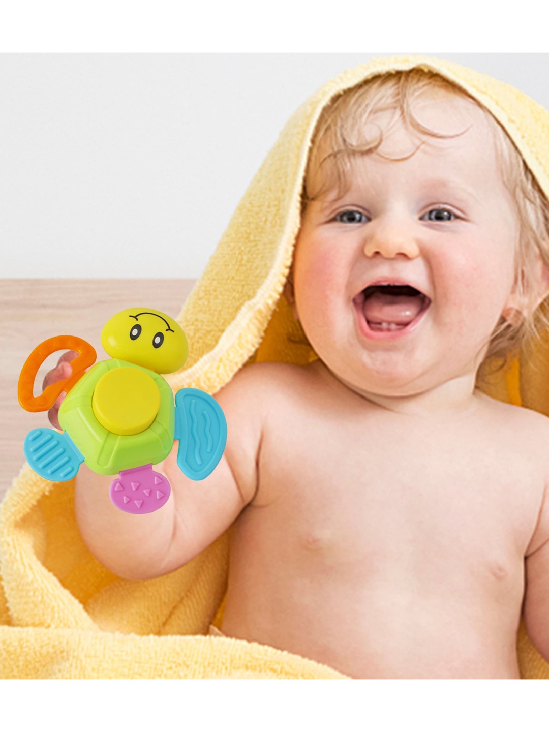 

Baby Moo Infant Kids Green & Yellow Smiley Touch Button Rattle Toy