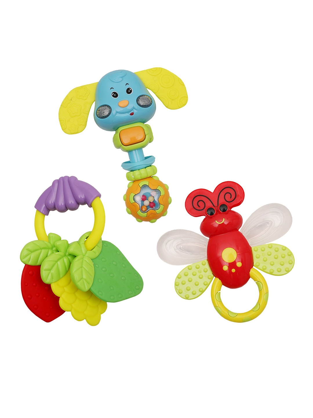 

Baby Moo Infant Kids Set Of 3 Animal & Fruit Musical Rattle Teether, Green