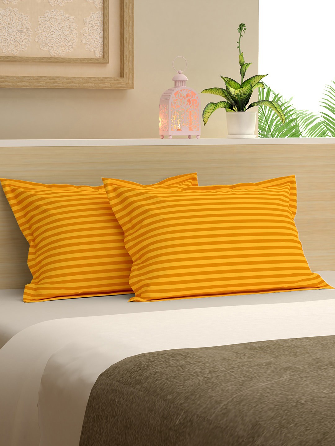 

Story@home Set Of 2 Orange Striped Pure Cotton 300 TC Pillow Covers