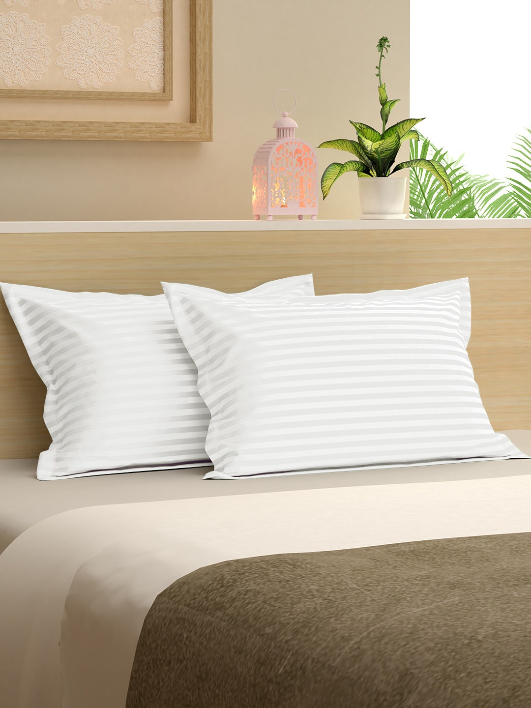 

Story@home Set Of 2 White Striped Pure Cotton 300 TC Pillow Covers