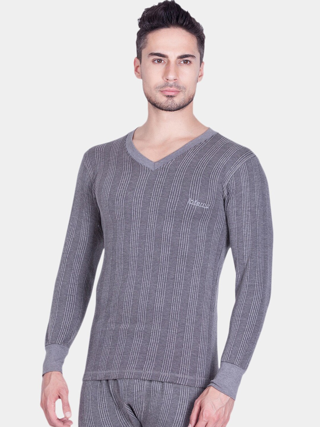 

Lux Inferno Men Grey & White Striped Thermal Top