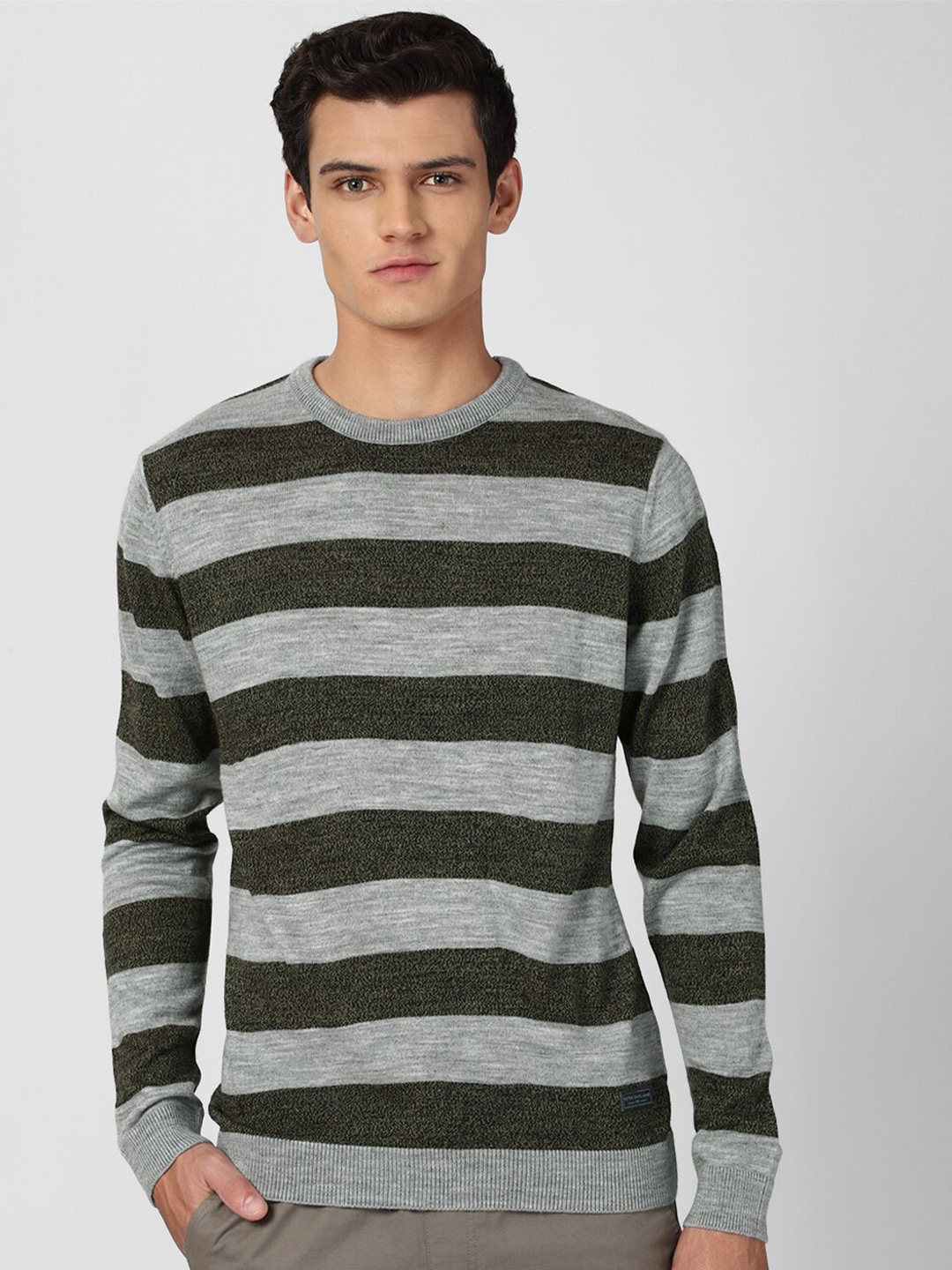 

Peter England Casuals Men Olive Green & Grey Striped Pullover