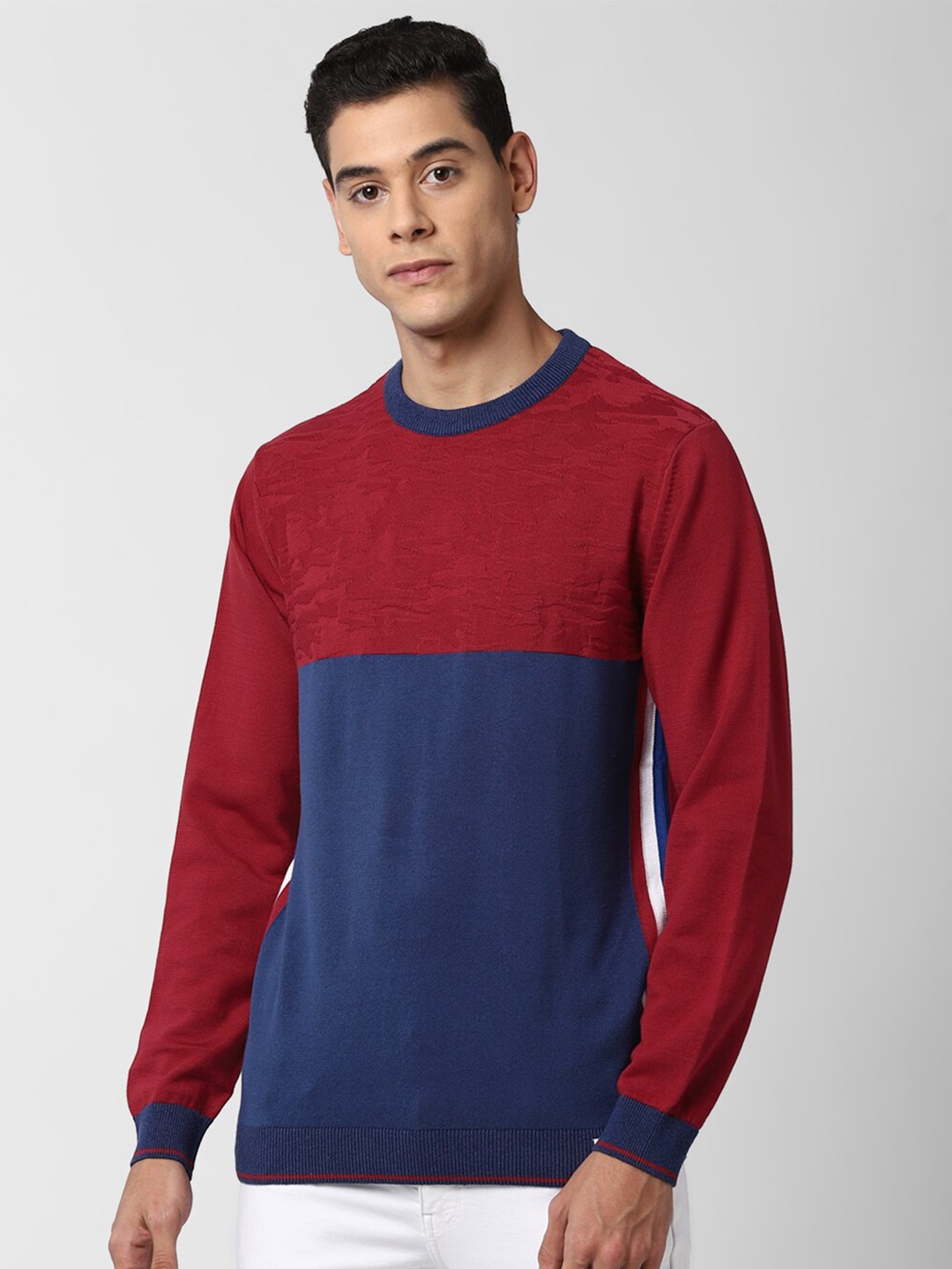 

Peter England Casuals Men Maroon & Blue Colourblocked Cotton Pullover