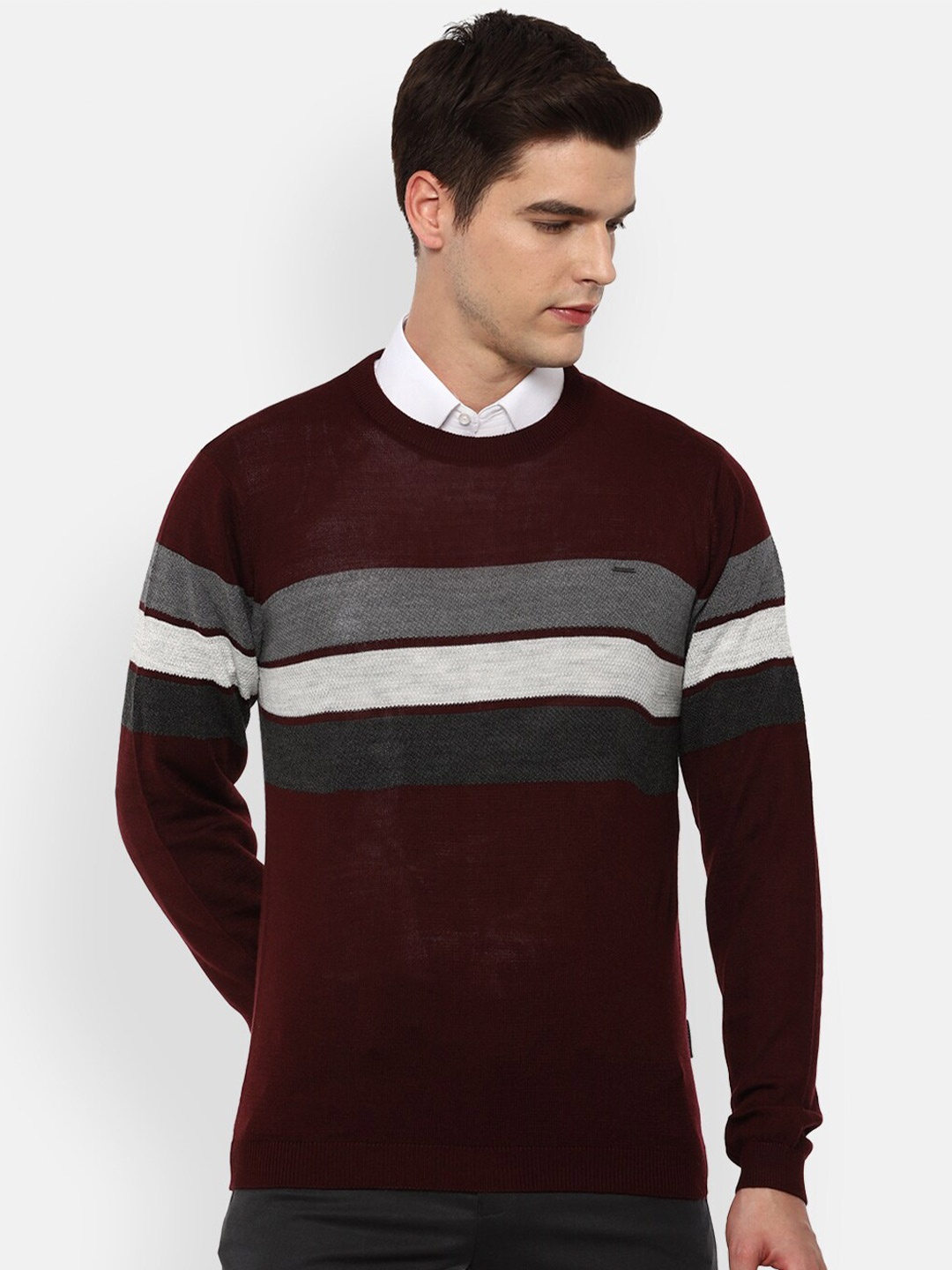 

Van Heusen Men Maroon & White Striped Pullover