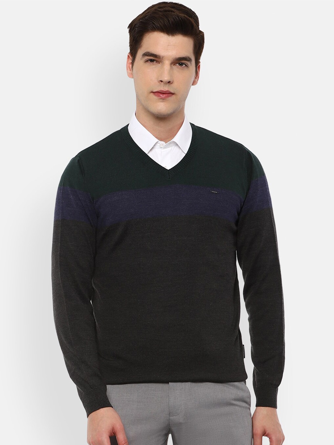 

Van Heusen Men Grey & Navy Blue Colourblocked Pullover