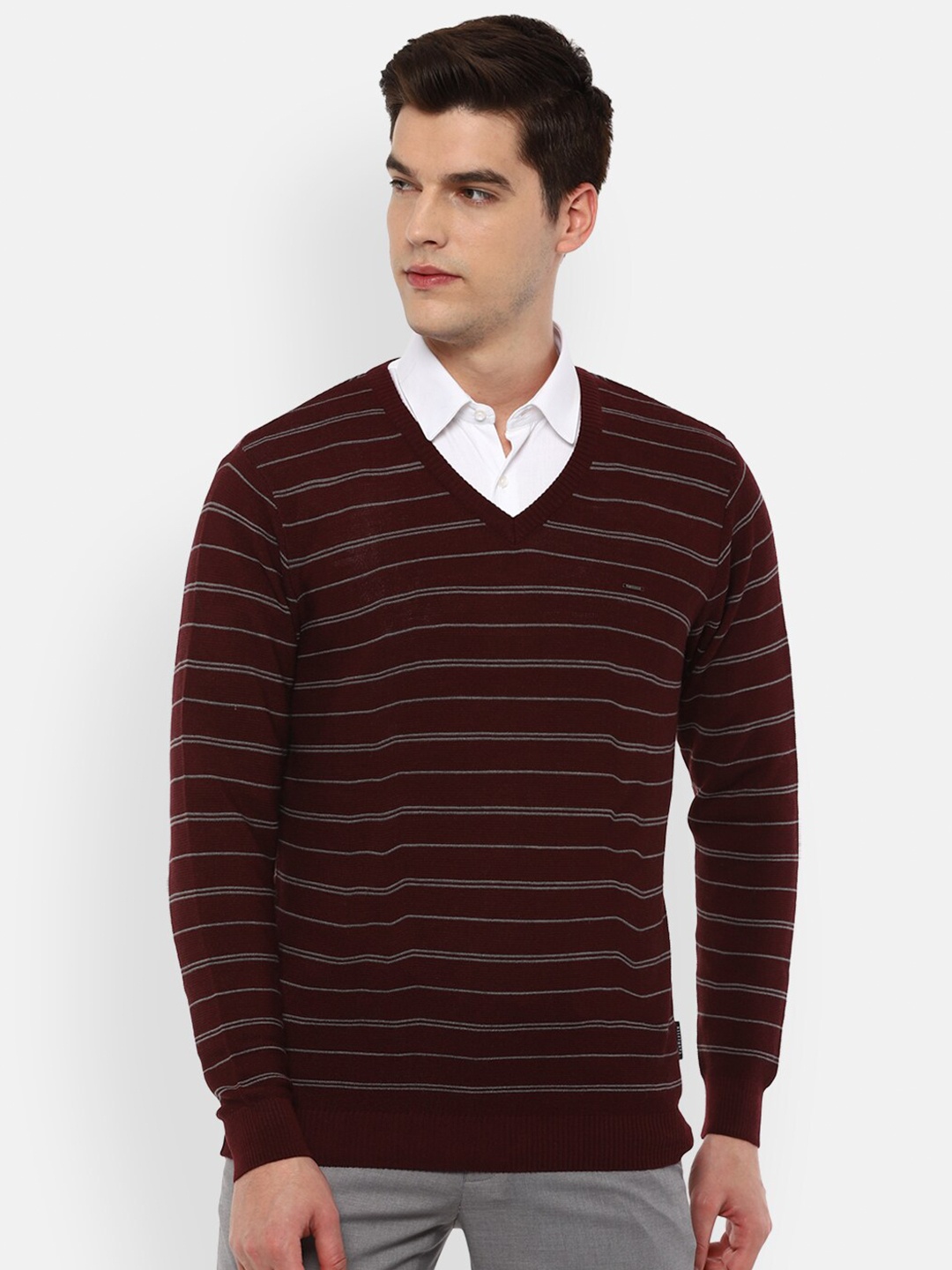 

Van Heusen Men Maroon & Grey Pure Cotton Striped Pullover